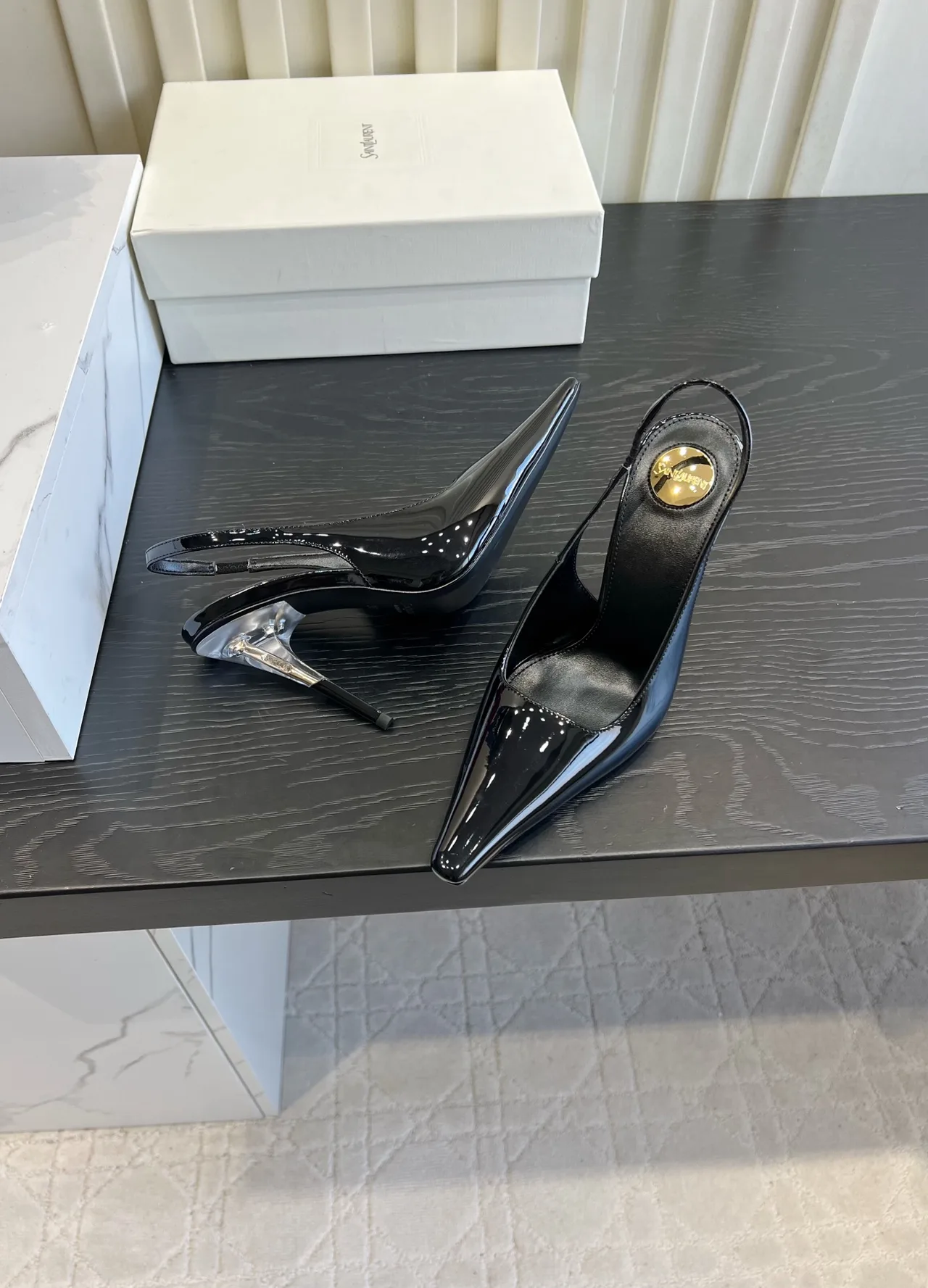 Saint Laurent Cowhide Silk Glossy Pointed-Toe Buckle Slingback Heels in Black · view 4