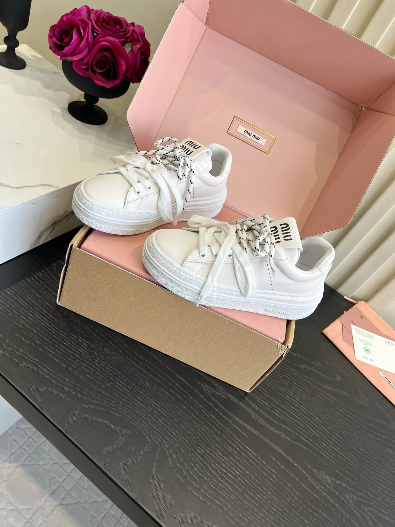 Miu Miu Cowhide Denim Smooth Sneakers in White · view 2