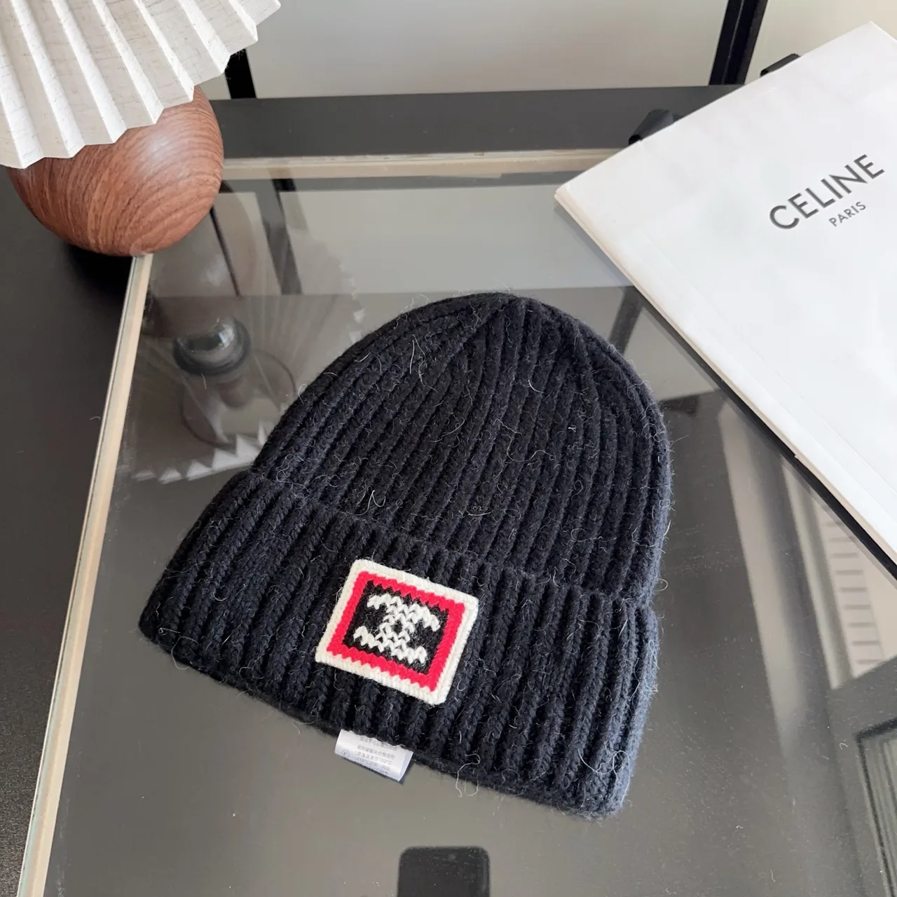 Celine Ribbed Beanie in Black · view 2