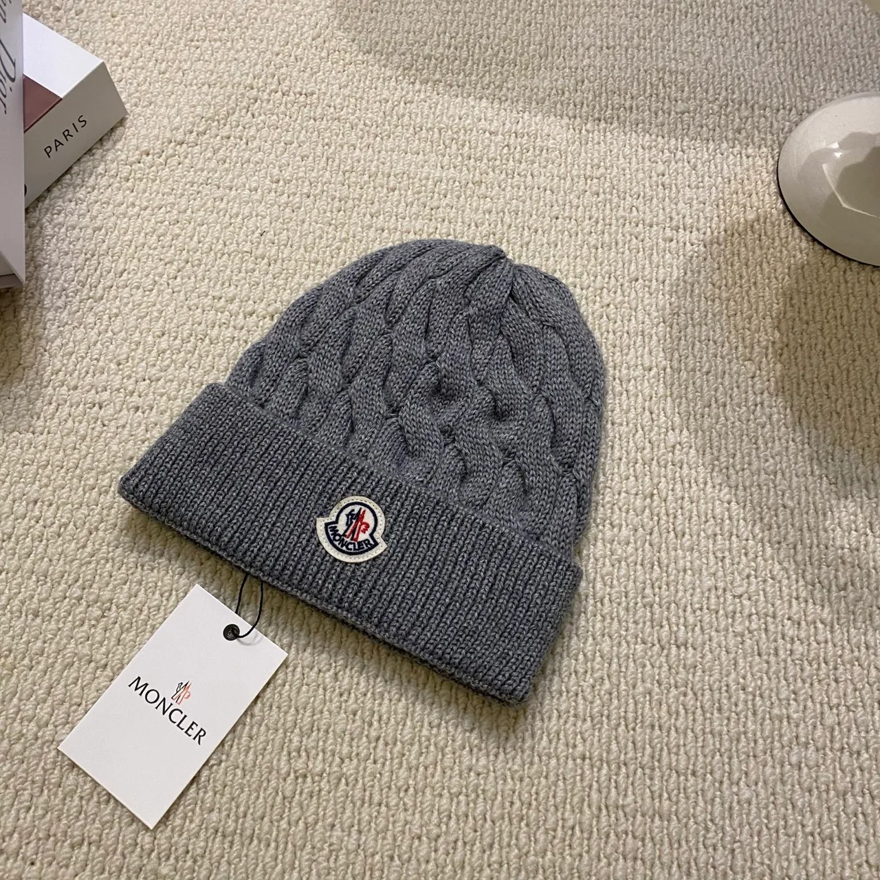Moncler Beanie in White & Black & Grey & Tan · view 3