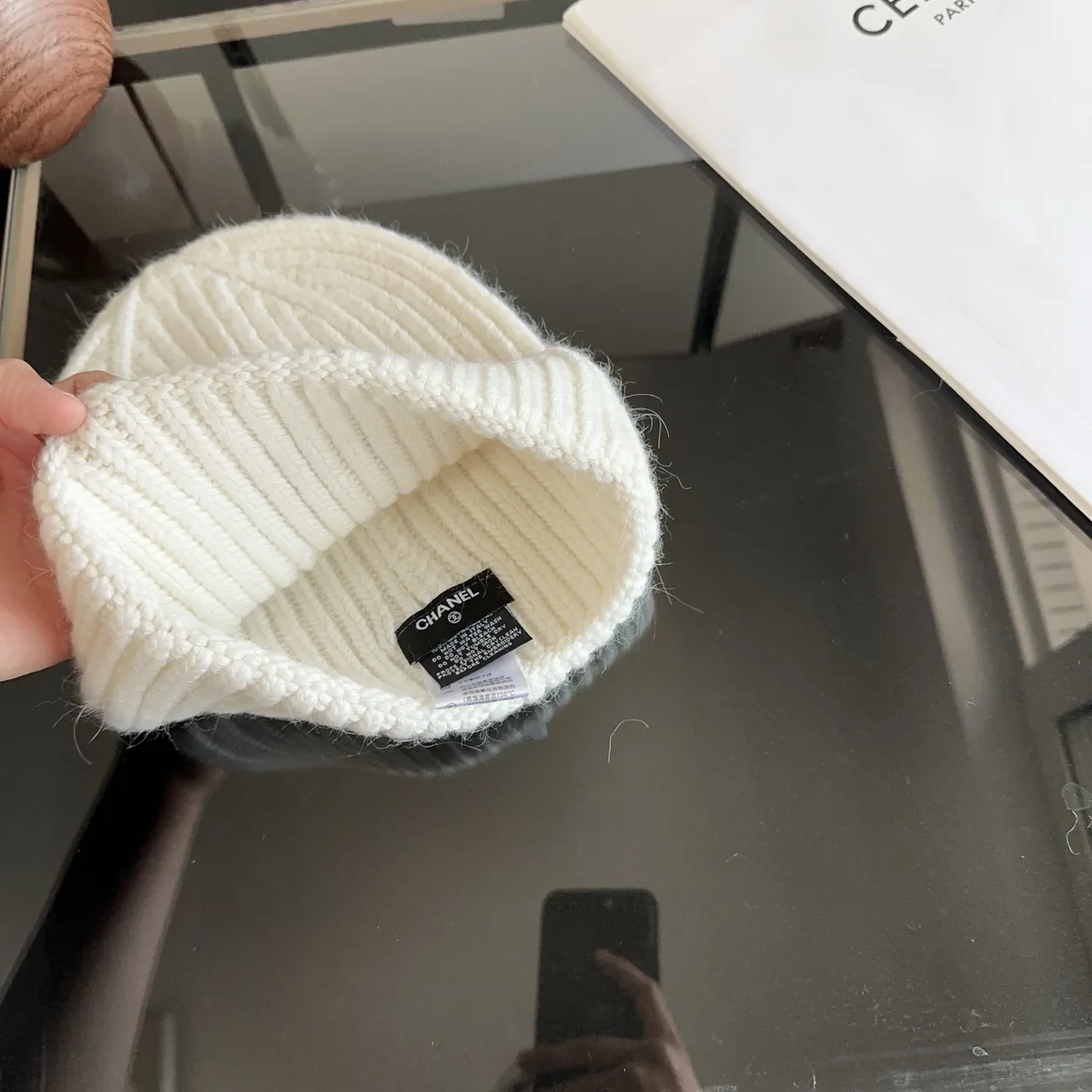 Chanel Patch Ribbed Beanie in White & Black & Blue & Grey · view 8