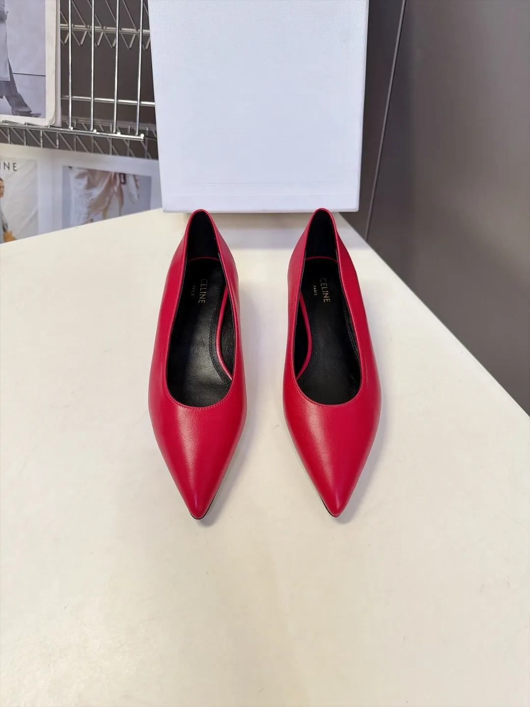 Celine Lambskin Glossy Pointed-Toe Kitten Heel Pumps in Red · view 1