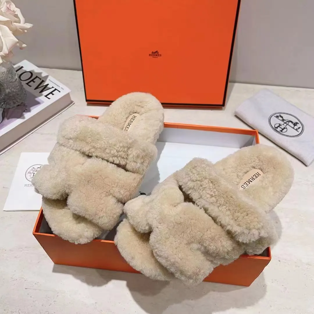 Hermes Sheepskin Chypre Shearling Slides in White · view 3