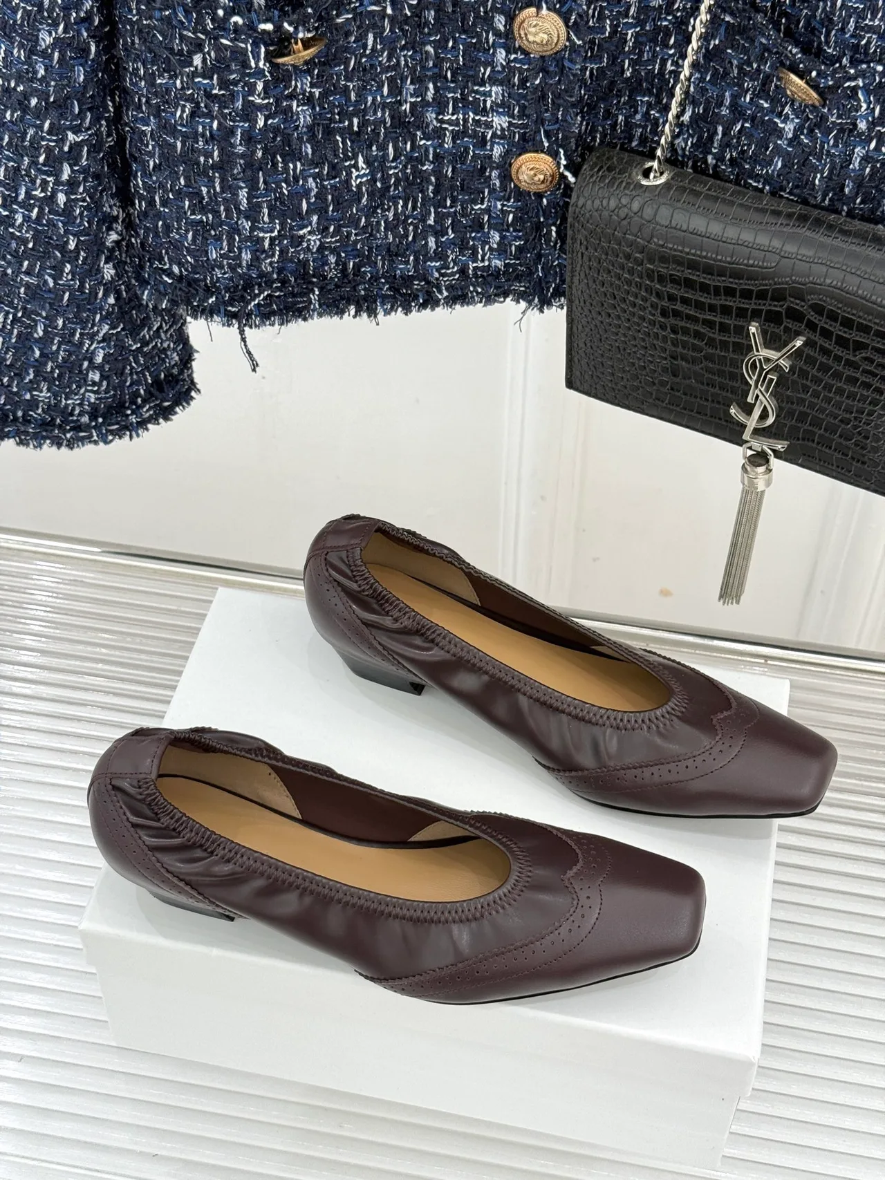 YOEYYOU Lambskin Denim Smooth Square-Toe Pumps in Brown · view 3