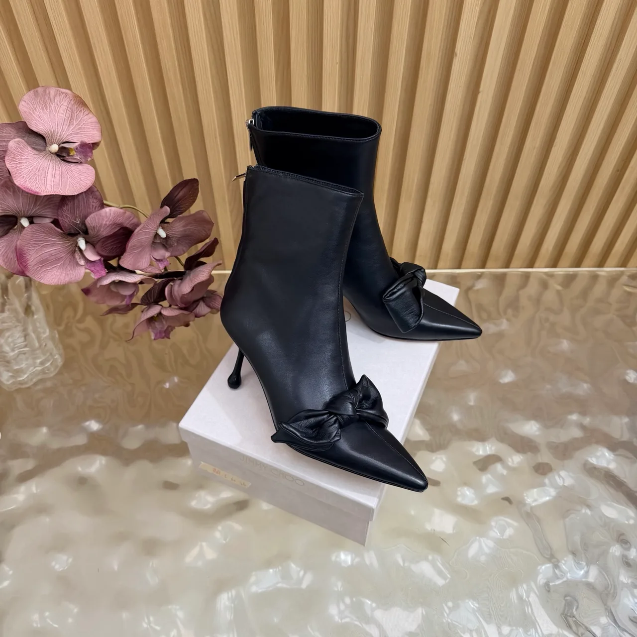 Jimmy Choo Cowhide Glossy Pointed-Toe Bow Knot Ankle Boots in Black · view 2