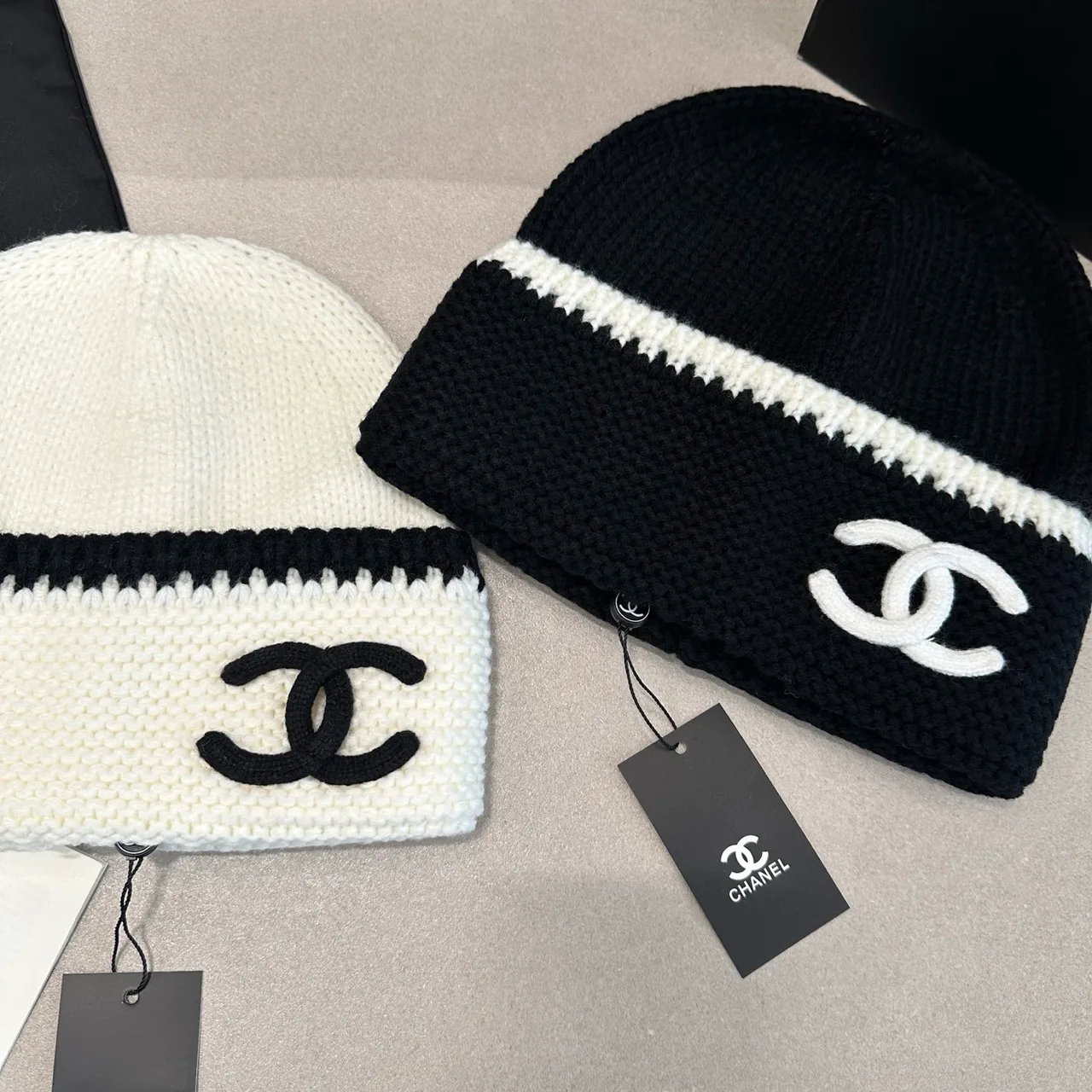Chanel Contrast-Stripe CC Beanie in White / Black · view 7