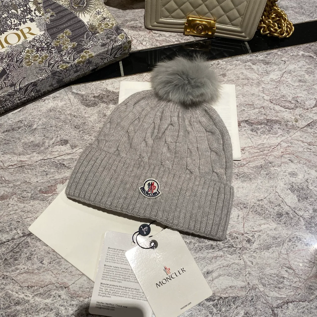 Moncler Pom-Pom Beanie in Black & White & Grey & Tan & Blue & Burgundy & Cream & Pink · view 7
