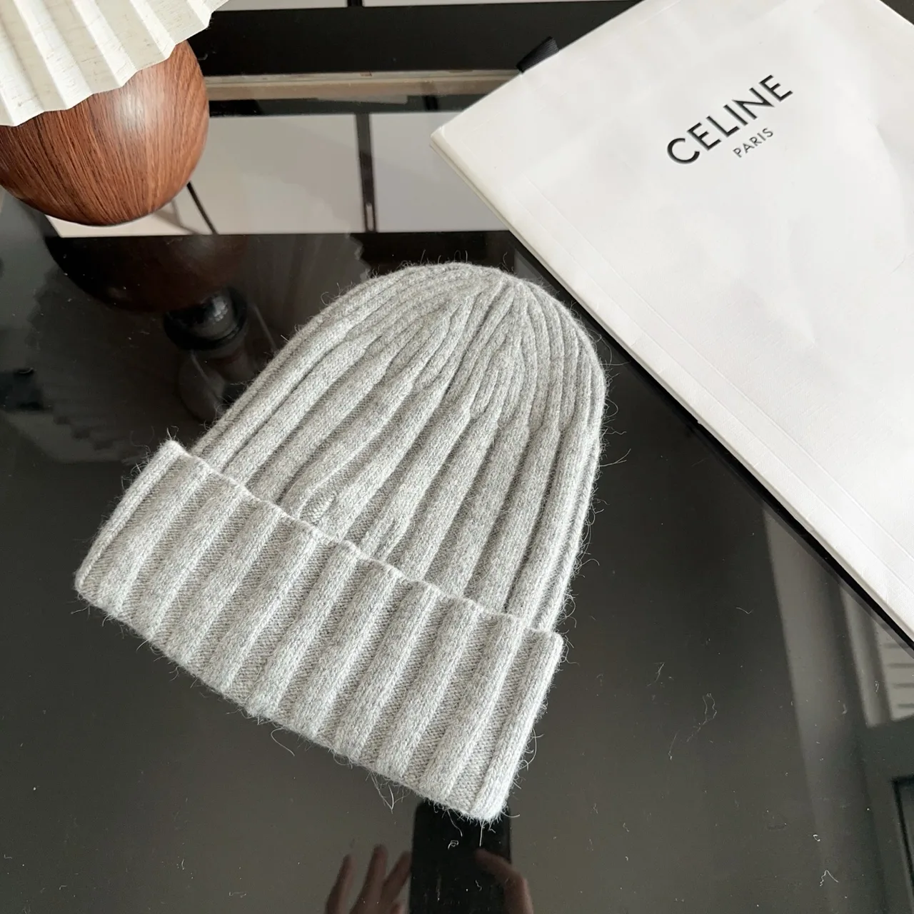 Celine Ribbed Beanie in Grey · view 7