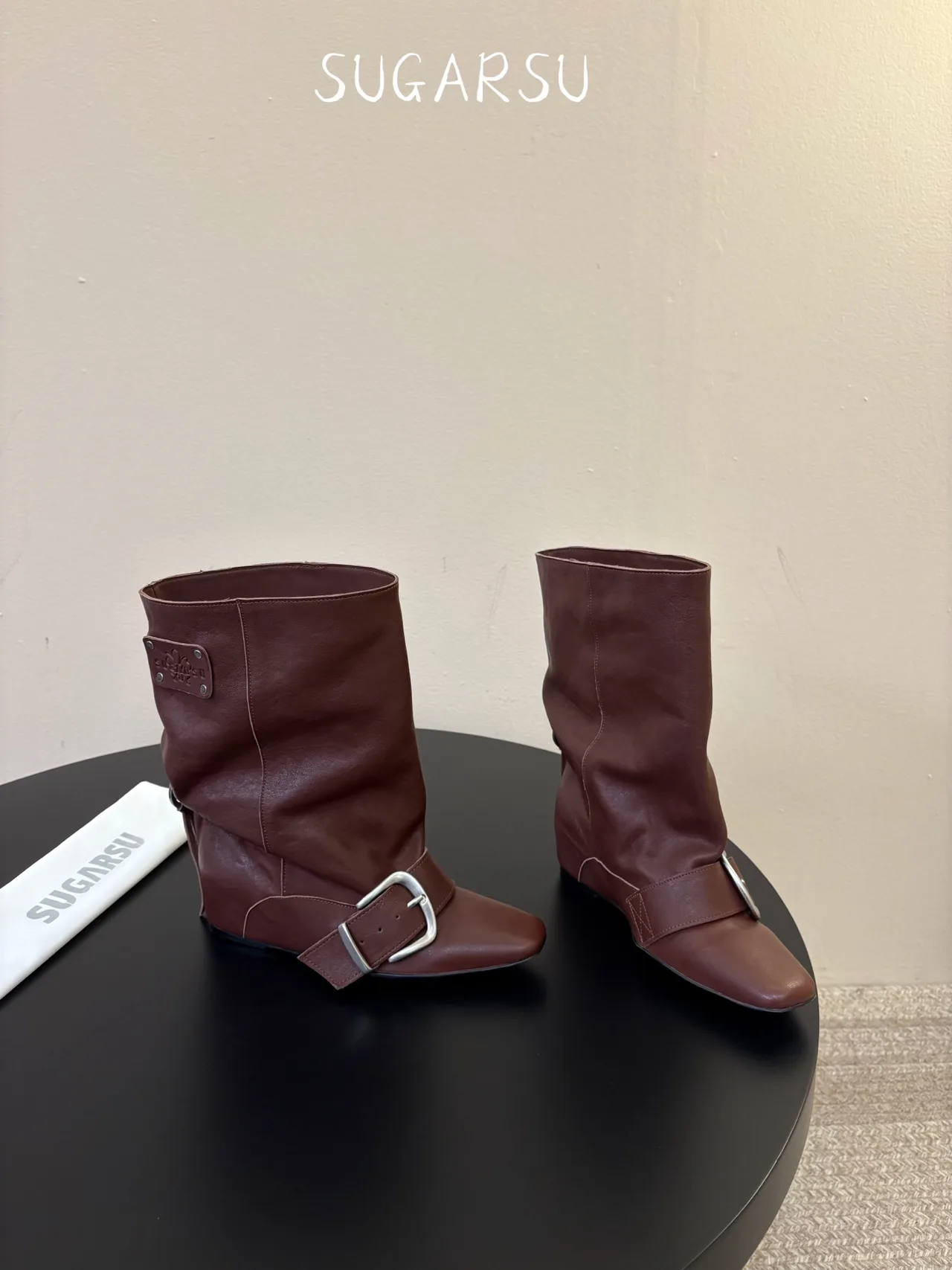Sugar Su Sheepskin Smooth Square-Toe Buckle Mid-Calf Boots in Brown · view 4