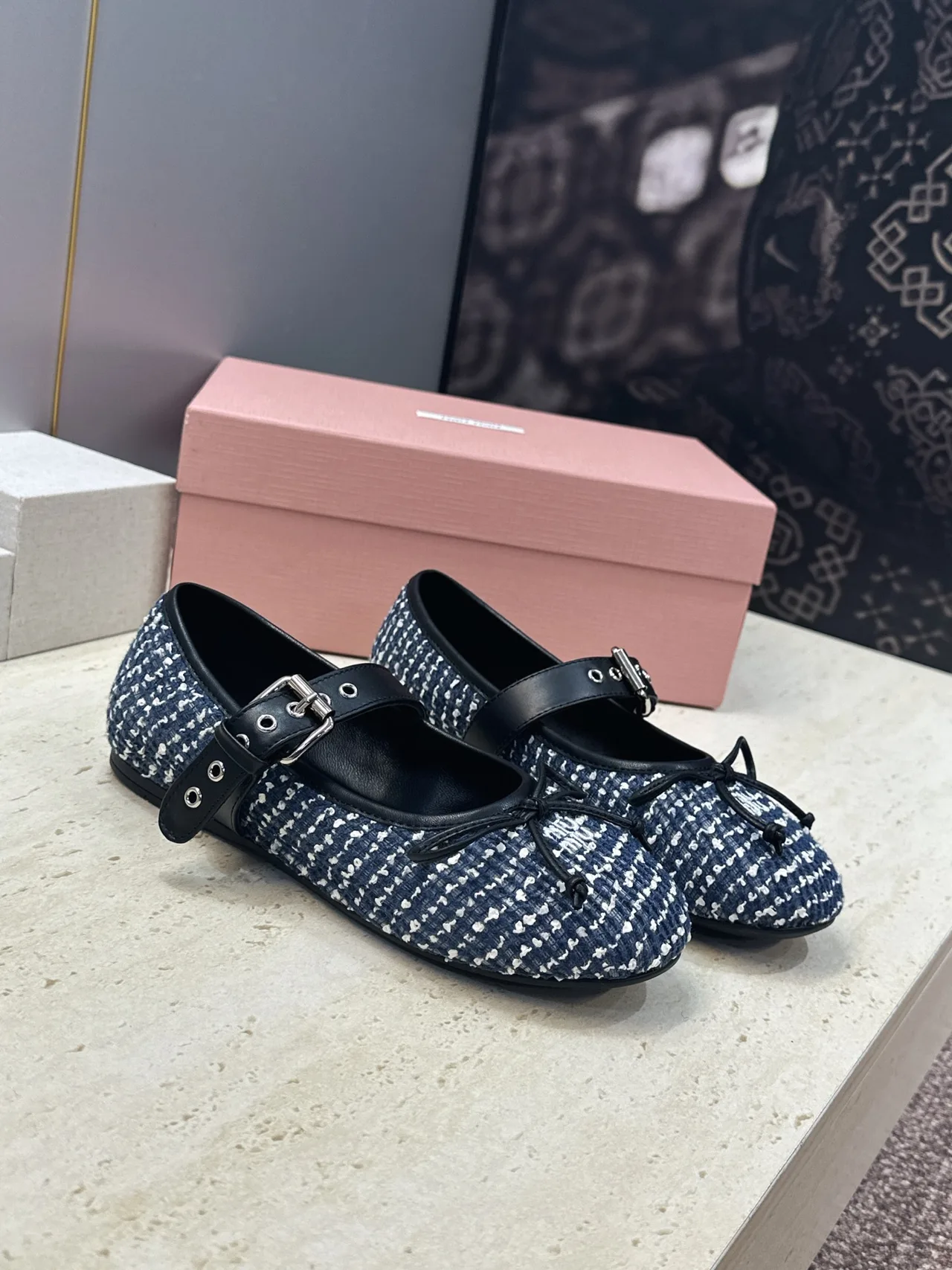 Miu Miu Calfskin Round-Toe Mary Jane Flats in Blue · view 1