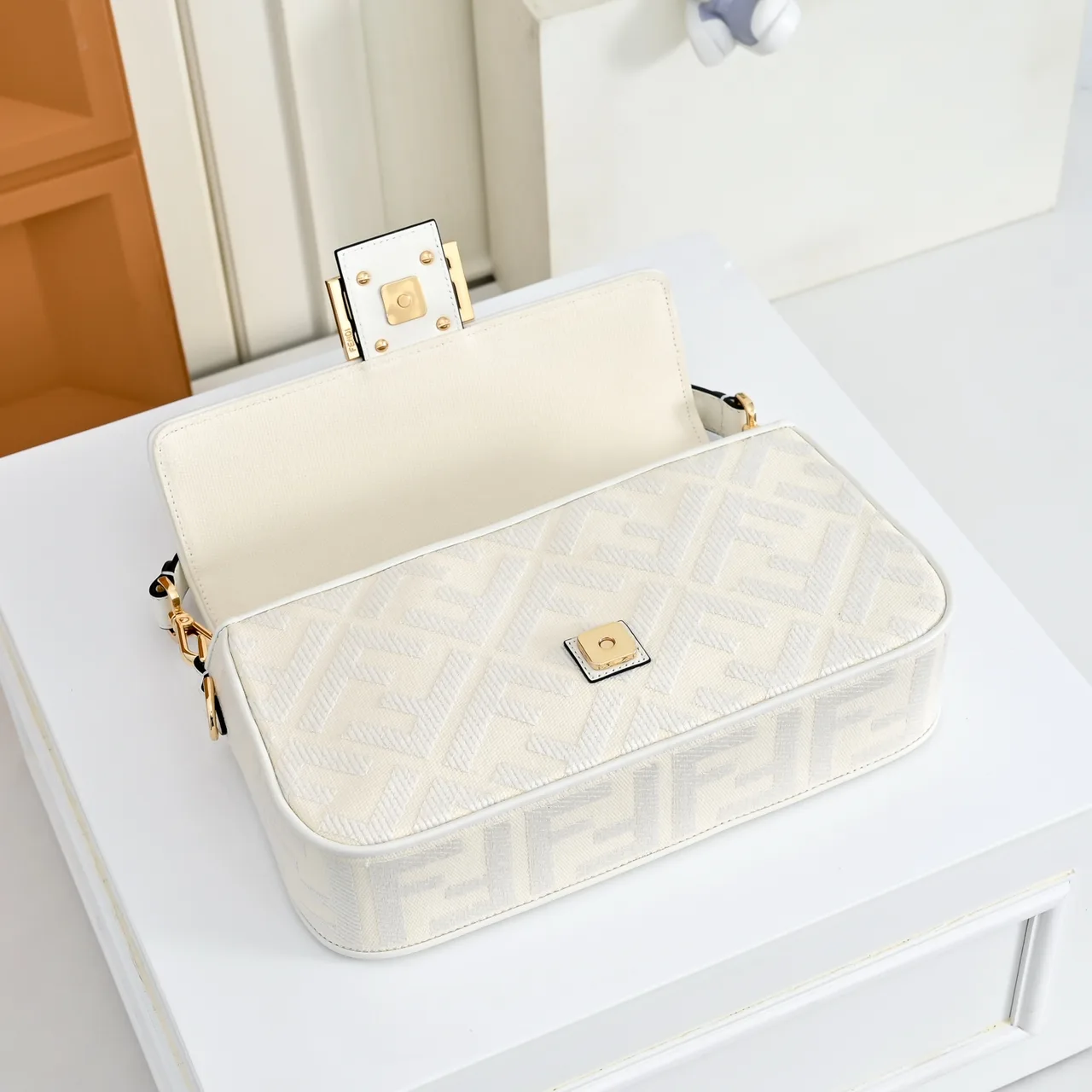 Fendi Canvas FF Monogram Baguette Bag in White · view 3