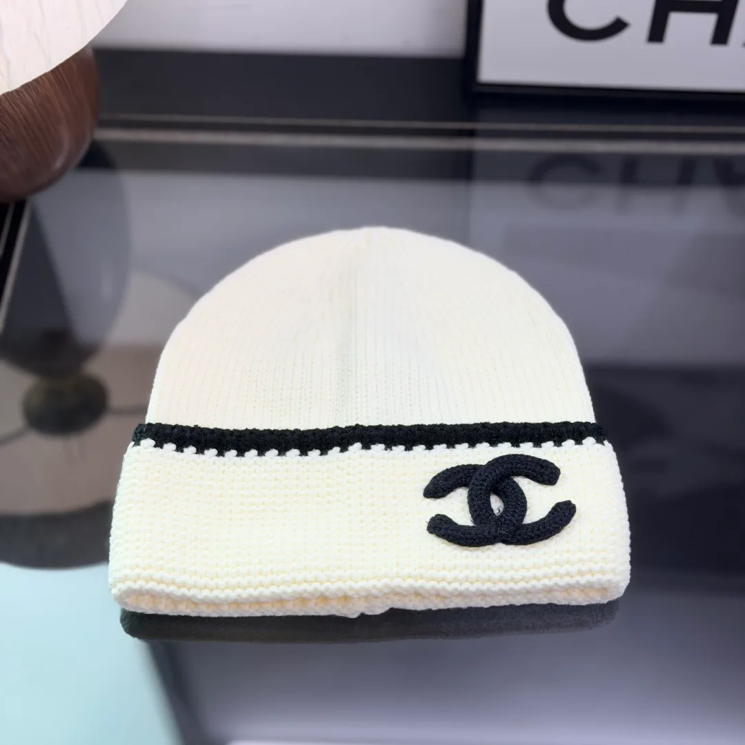 Chanel Striped CC knit beanie in Cream / Black · view 1