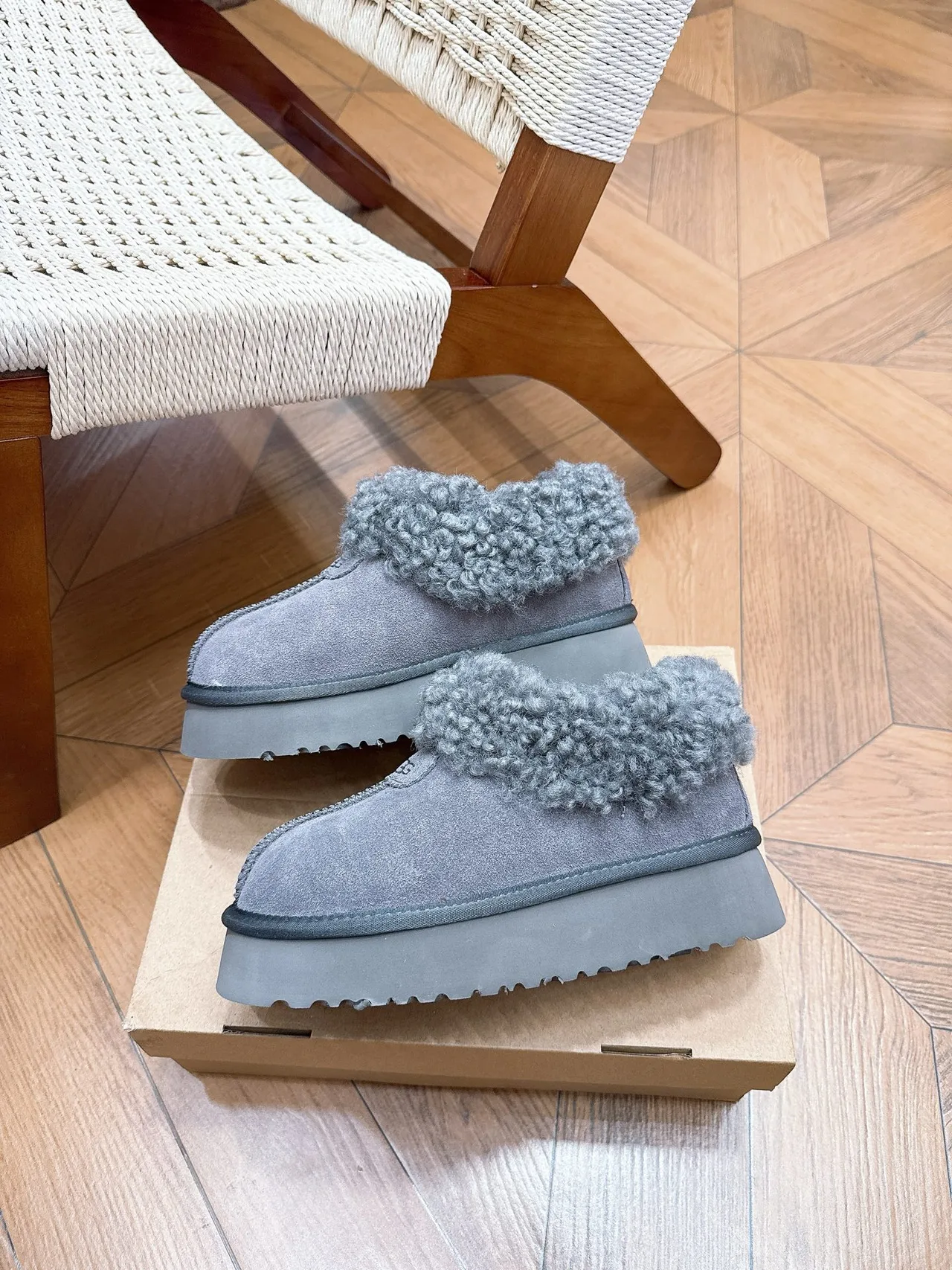 UGG Cowhide Wool Suede-Look Slippers in Grey · view 4