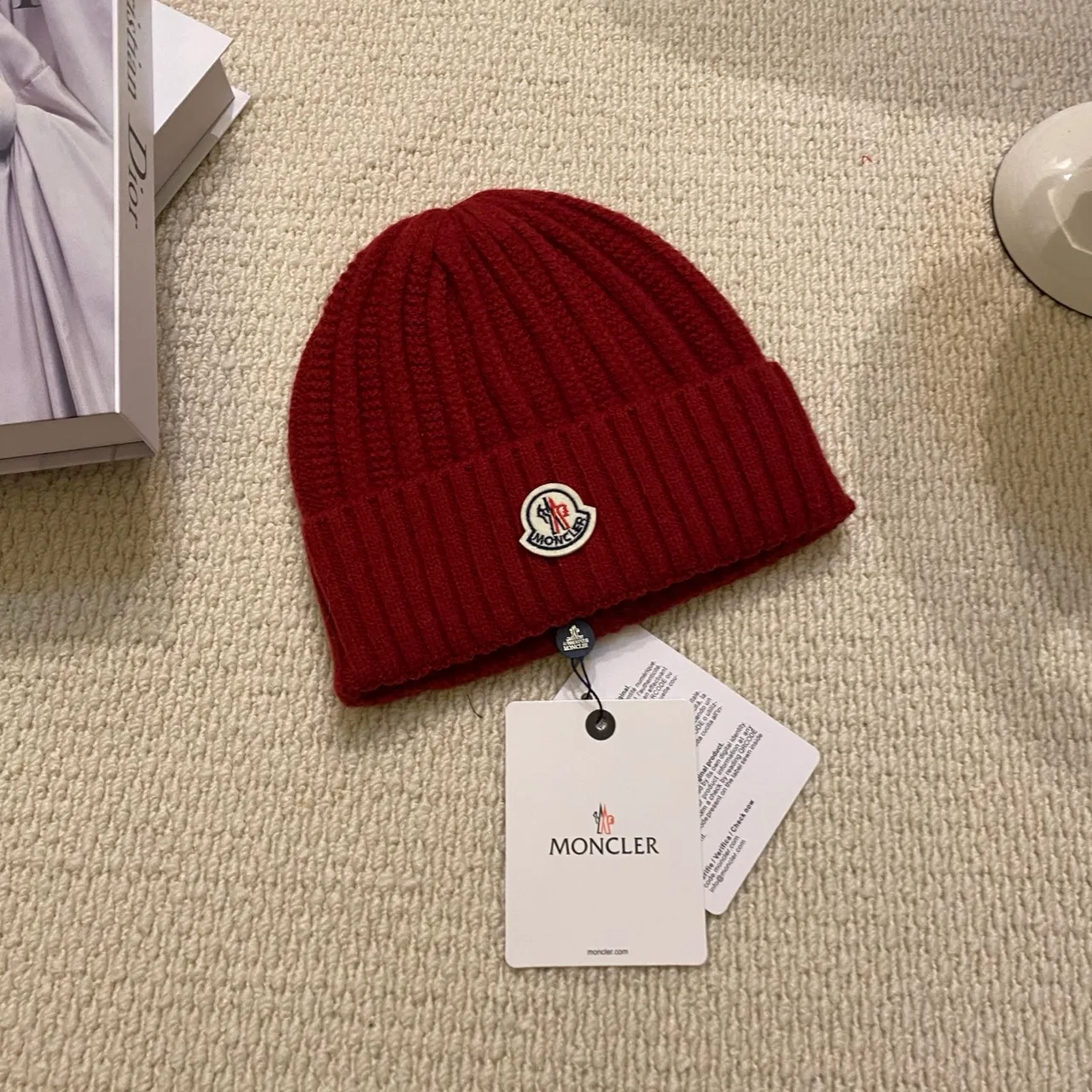 Moncler Ribbed Beanie in Black & White & Grey & Purple & Burgundy · view 6