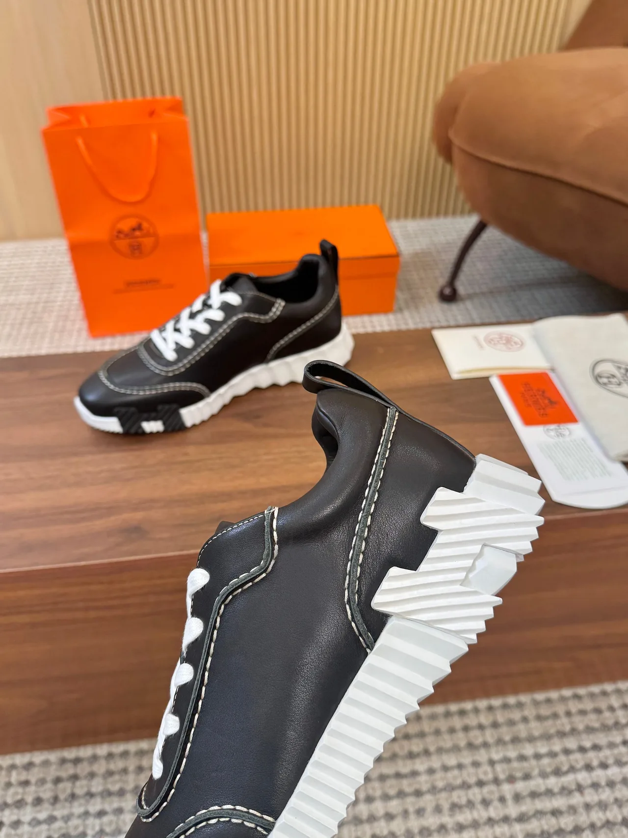 Hermes Smooth Round-Toe Sneakers in Black · view 8