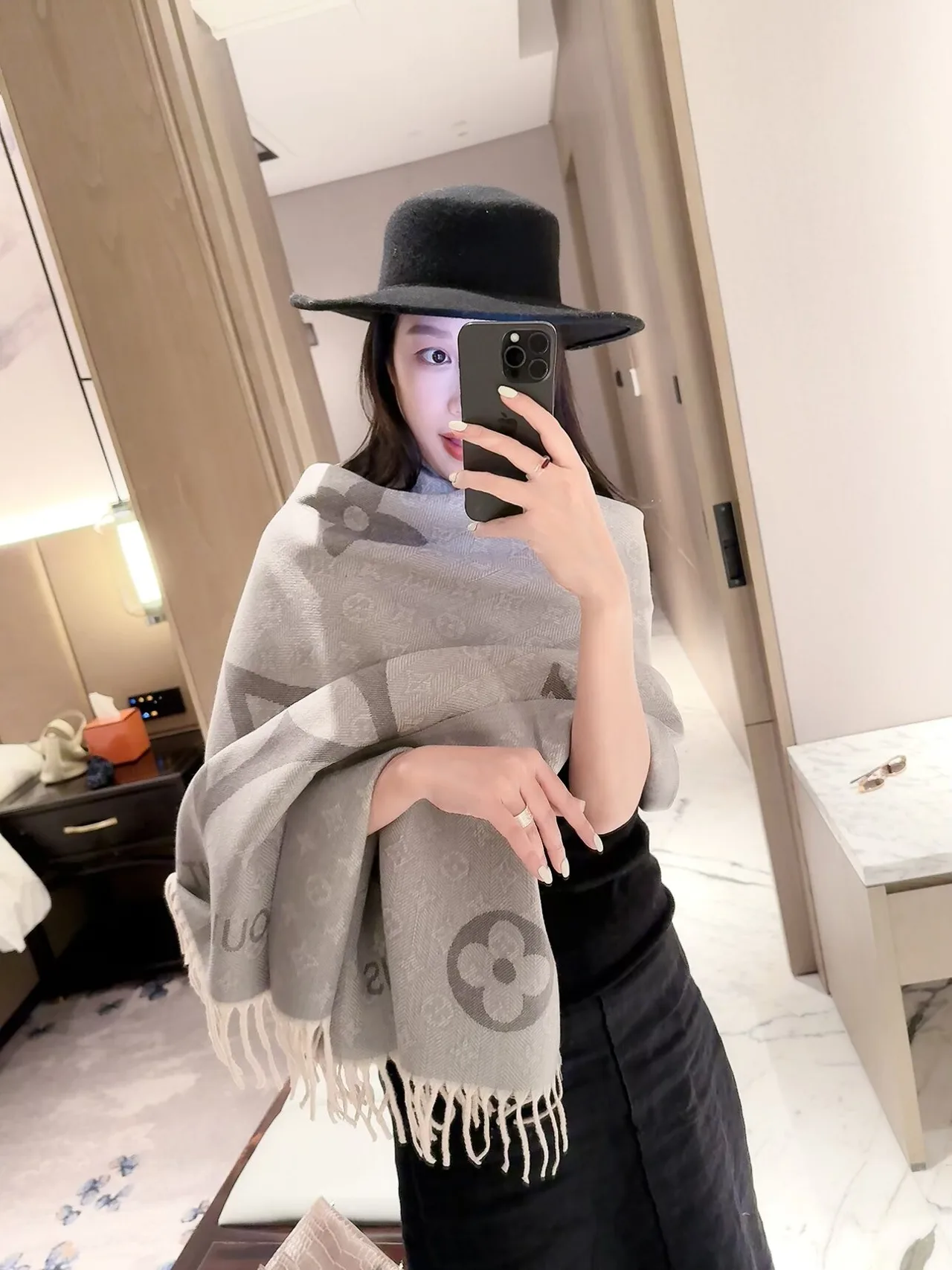 Louis Vuitton Reversible Monogram Fringed Scarf in Grey & Pink & Beige · view 1