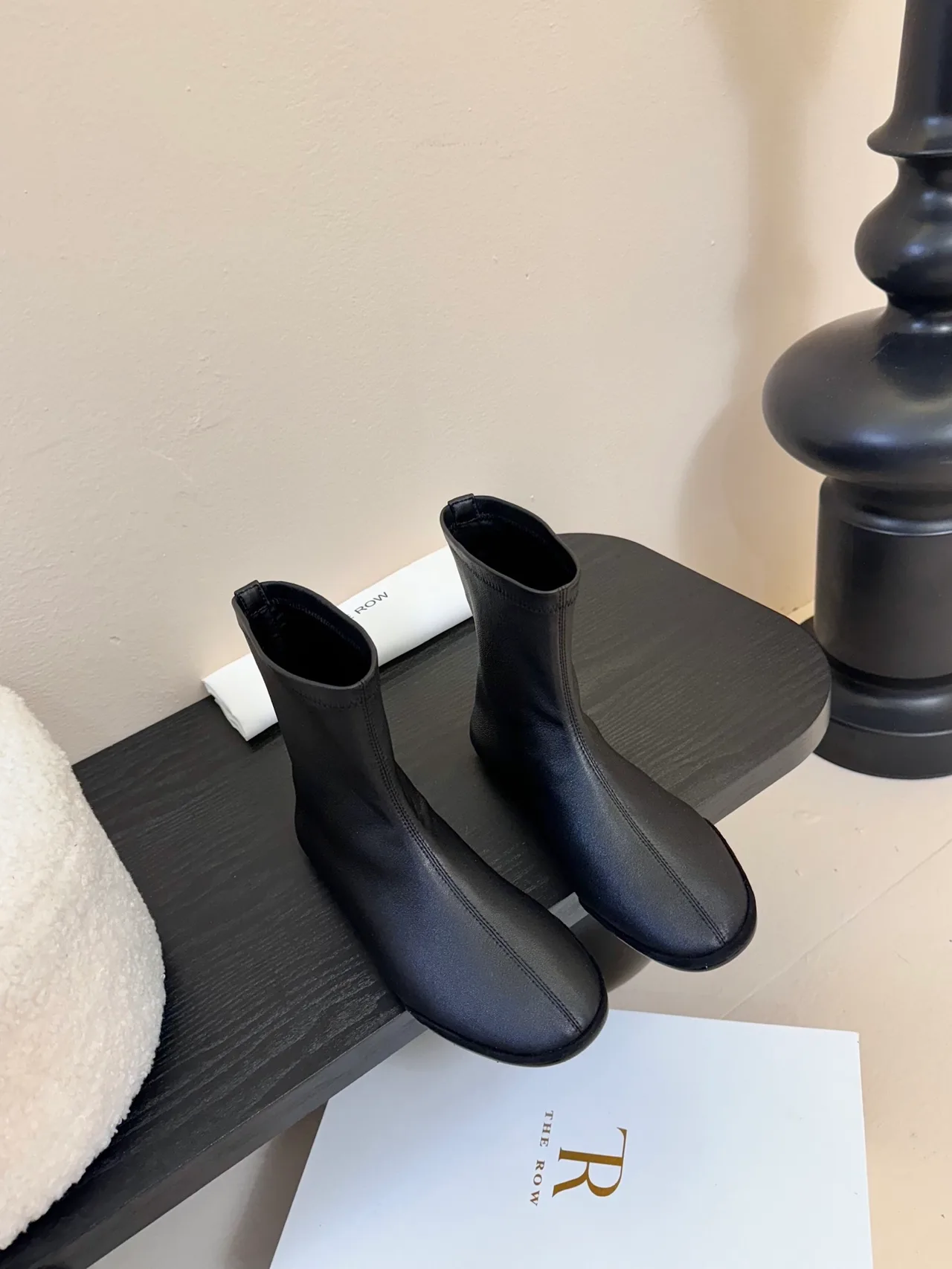 Sheepskin Round-Toe Minimal Ankle Boots in Black · view 2