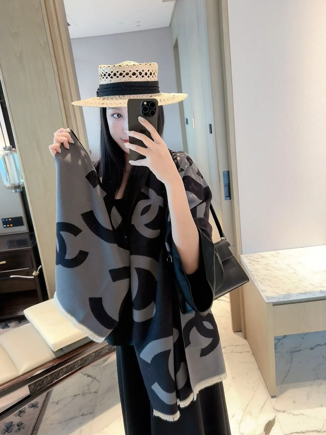 Chanel CC Jacquard Scarf in Grey & Black & Red · view 6