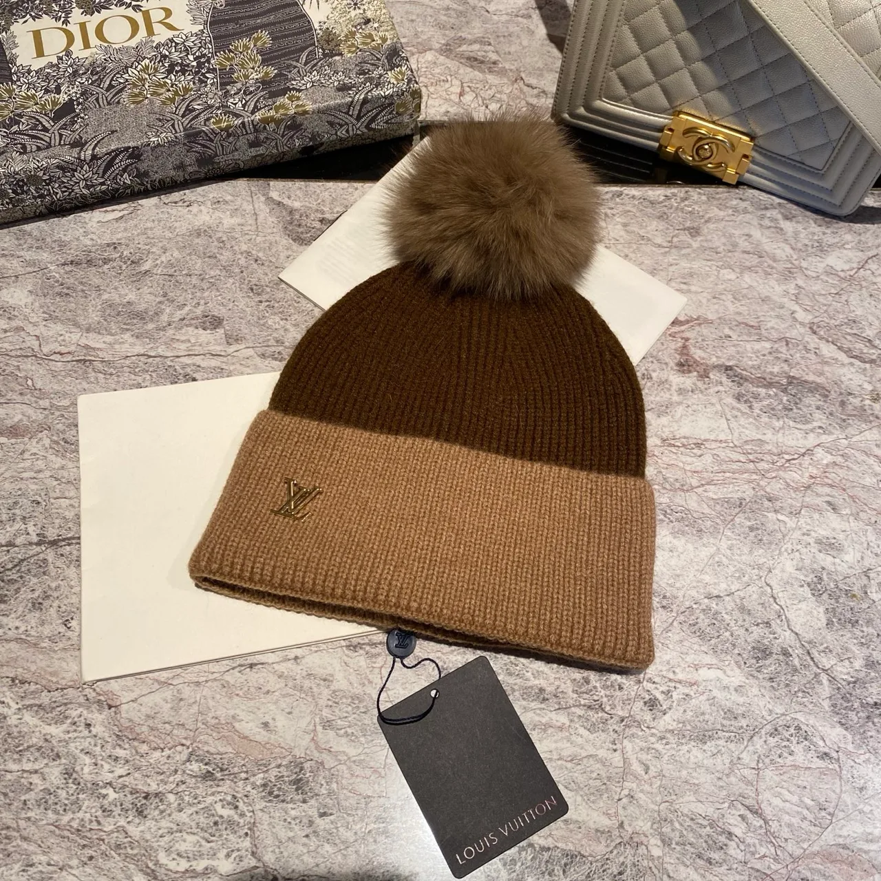 Louis Vuitton Pom-Pom Beanie in Beige & Brown & Cream & Black · view 2
