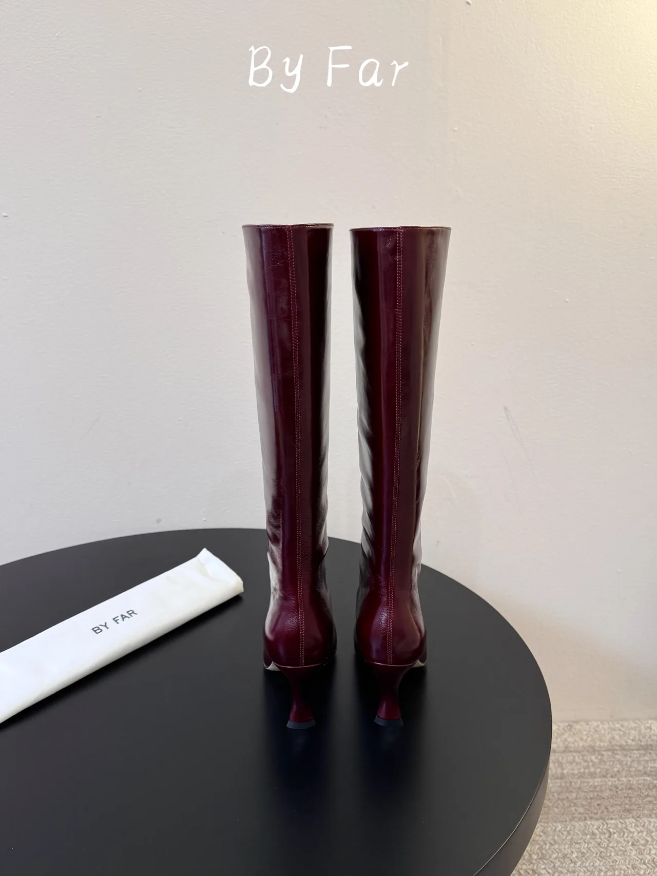 By Far Glossy Pointed-Toe Knee-High Boots in Burgundy · view 6