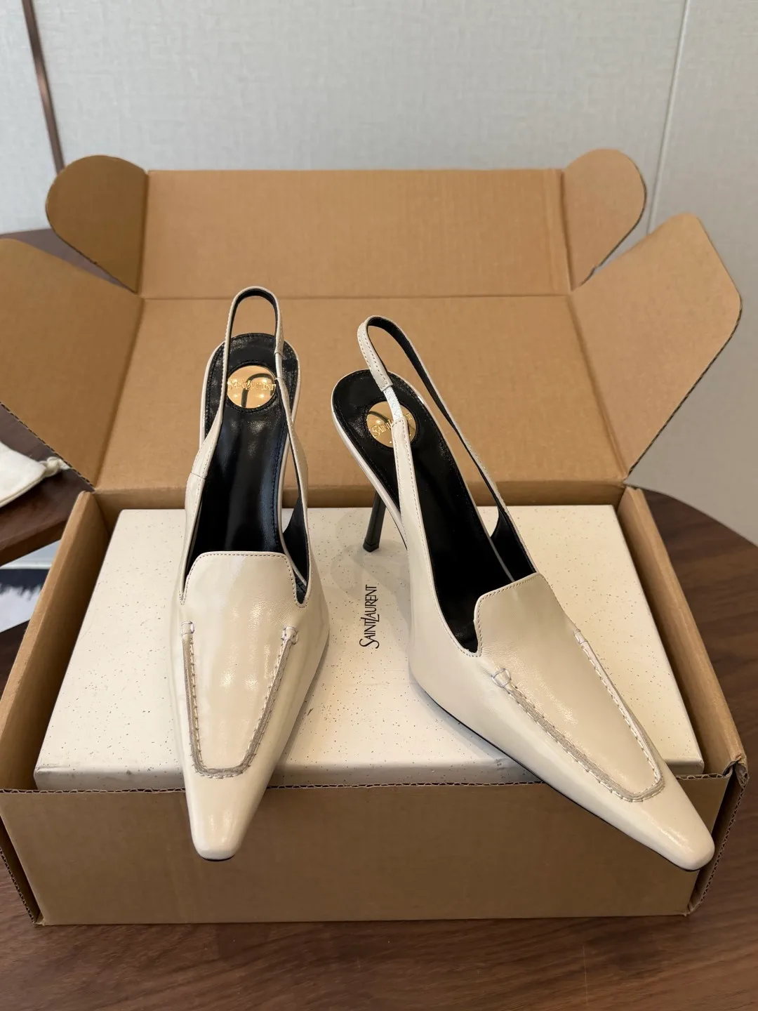 Saint Laurent Cowhide Pointed-Toe Slingback Shoes in Cream · view 3