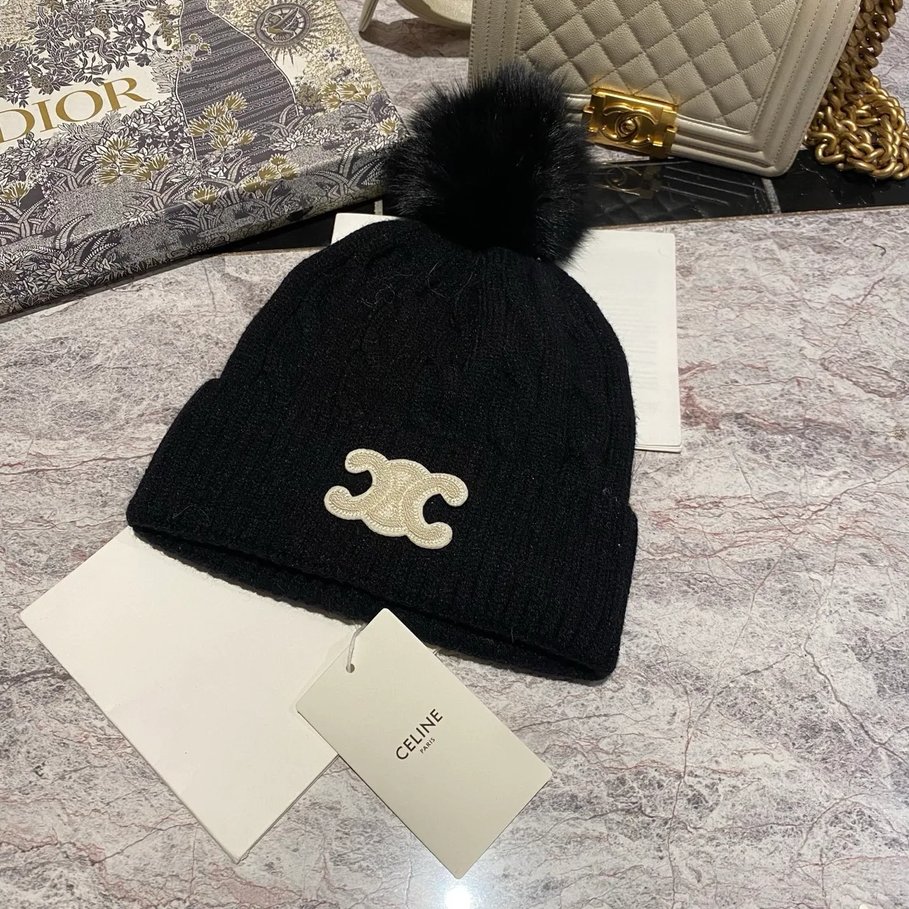 Celine Triomphe Pom Beanie in Black & White & Grey & Brown & Blue & Red & Pink · view 7