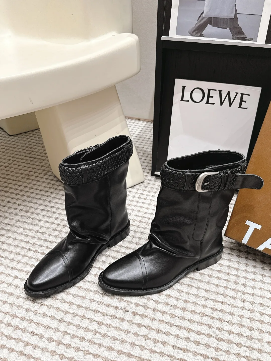 Loewe Woven Glossy Pointed-Toe Buckle Boots in Black · view 3