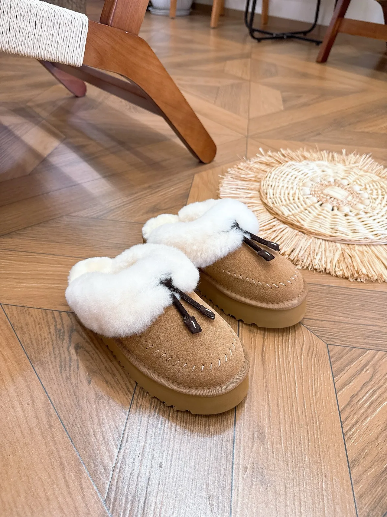 Suede-Look Plush-Cuff Platform Mules in Brown · view 2