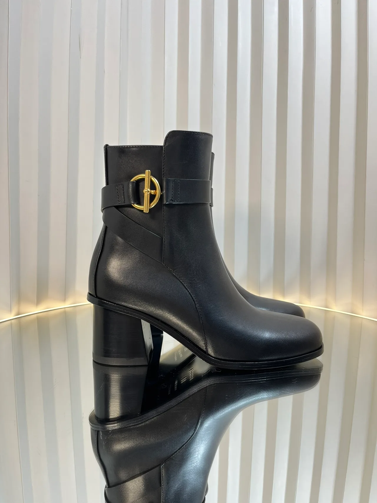 Calfskin Glossy D-Buckle Smooth Ankle Boots in Black · view 6