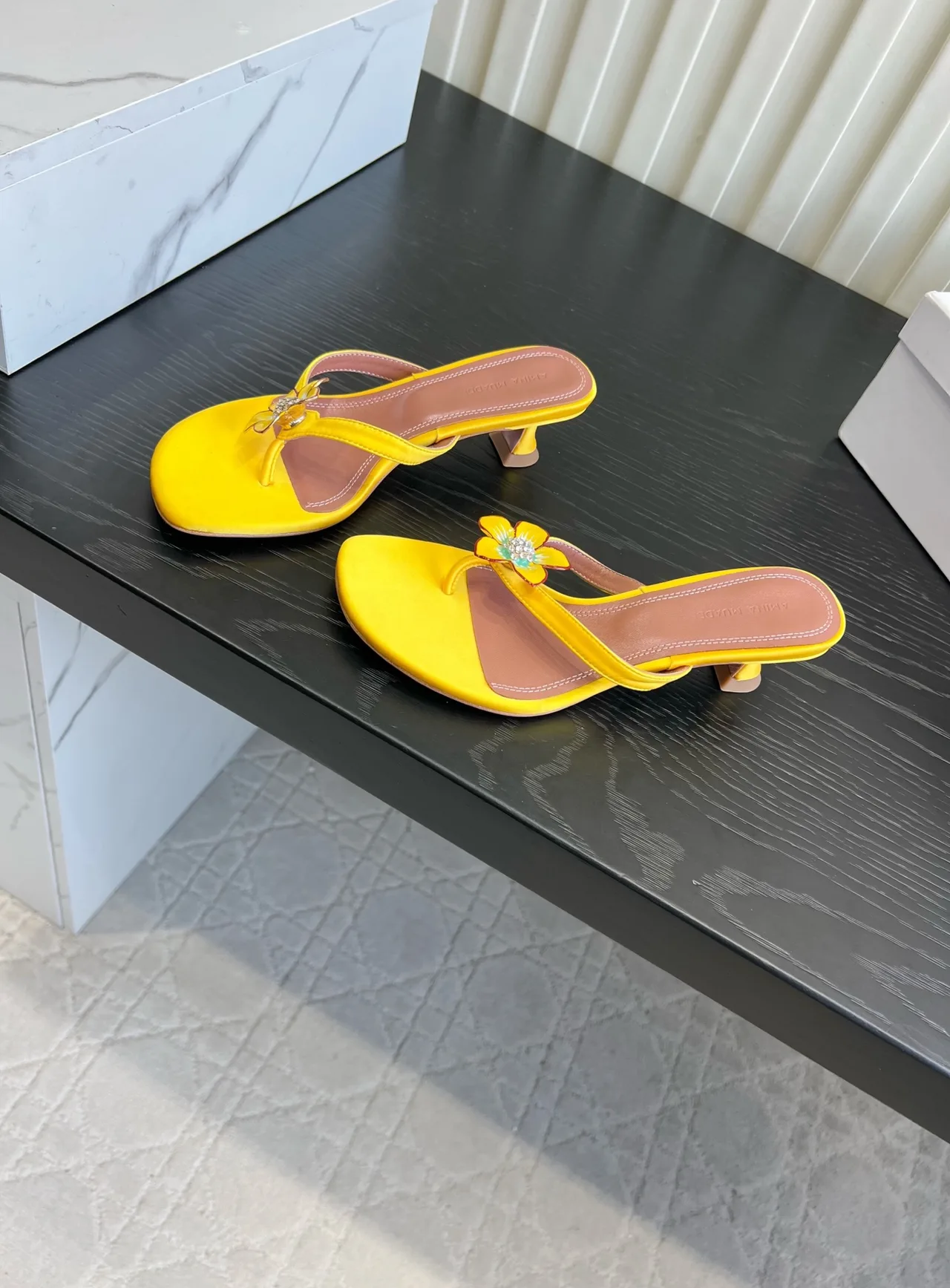 Amina Muaddi Silk Sandals in Yellow · view 2