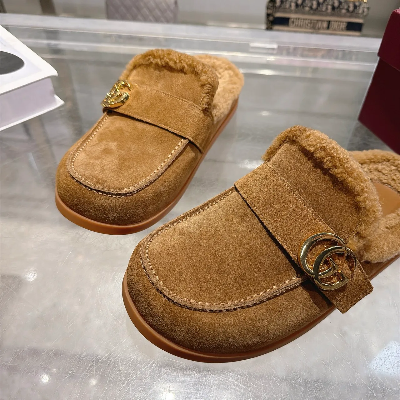 Gucci Cowhide Wool Suede-Look Mules in Tan · view 5