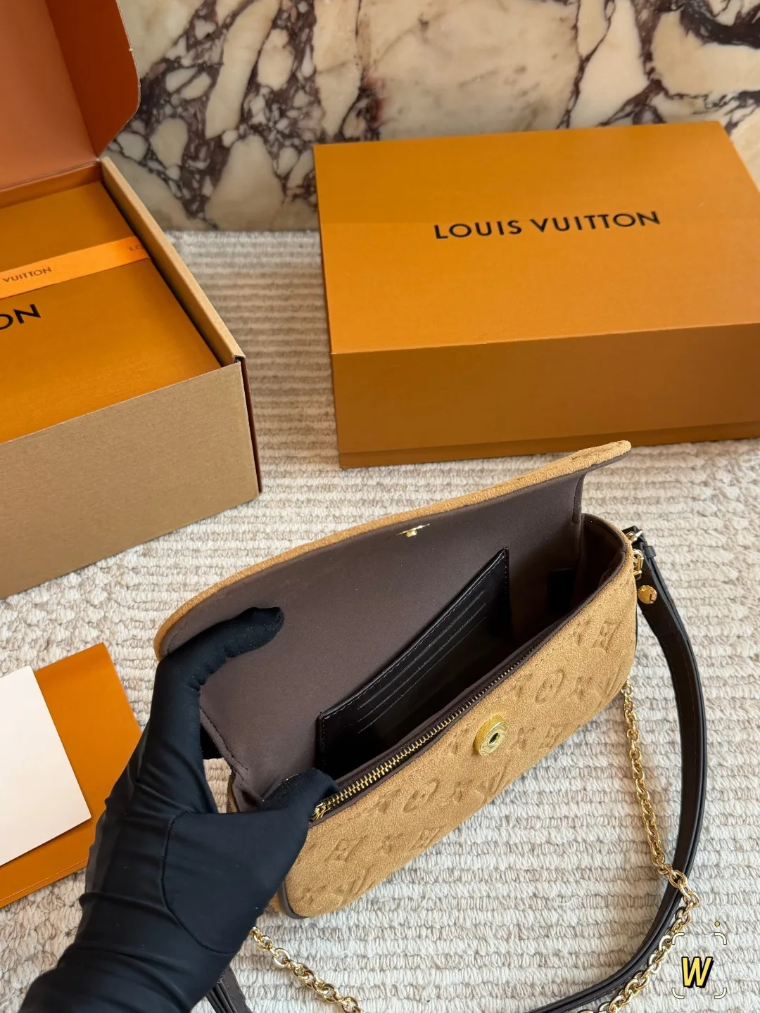 Louis Vuitton Suede Monogram Clutch in Tan · view 7