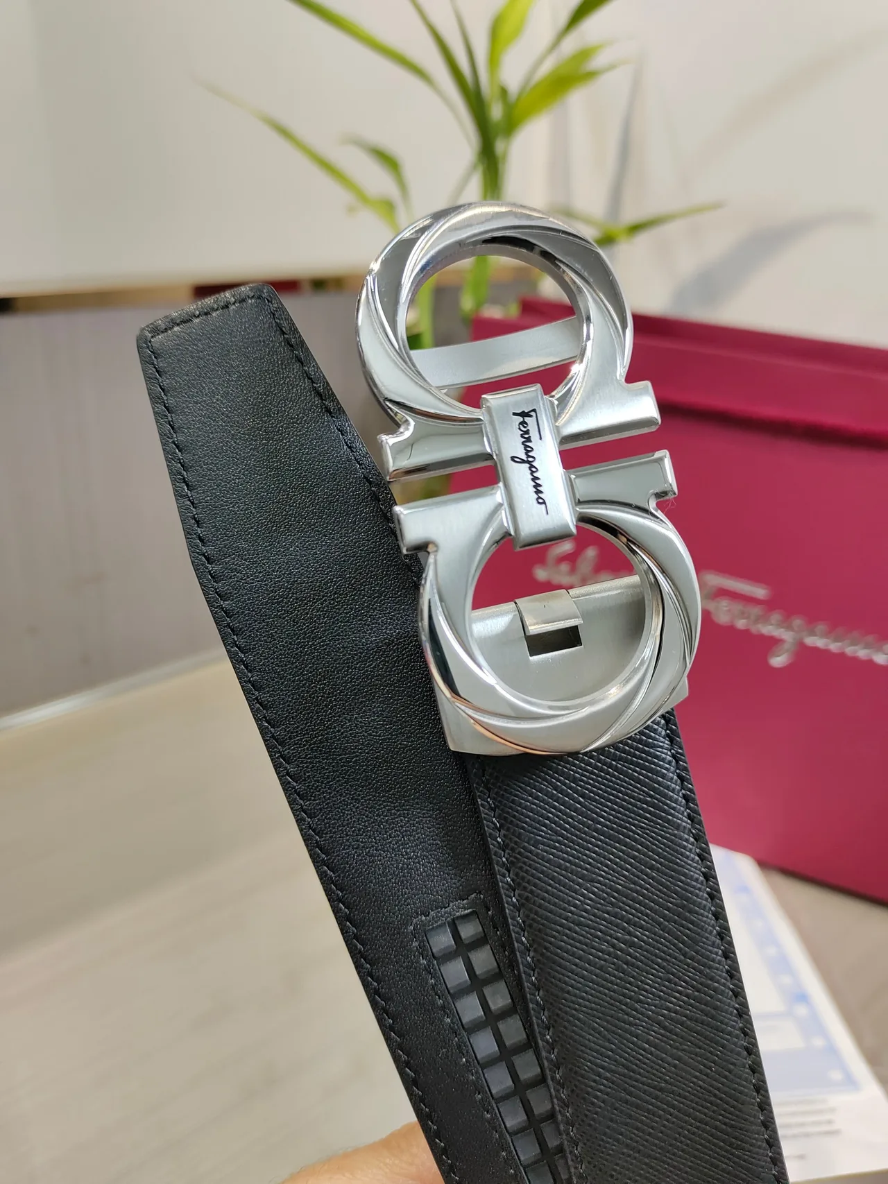 Ferragamo Calfskin Glossy Belt in Black · view 6