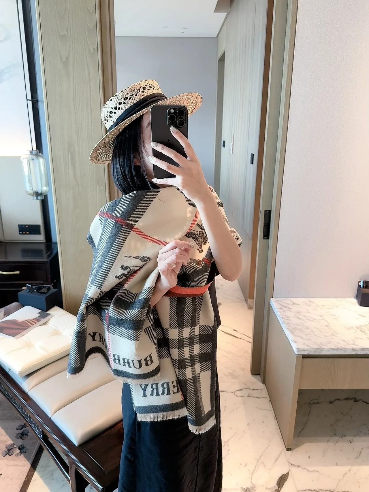 Burberry Check Fringed Scarf in Cream & Pink · view 3