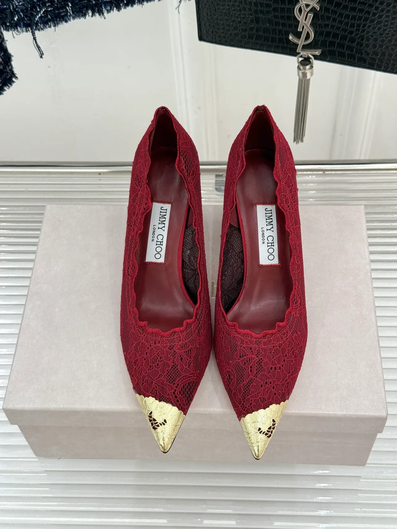Jimmy Choo Pointed-Toe Lace Heel Pumps in Burgundy · view 1