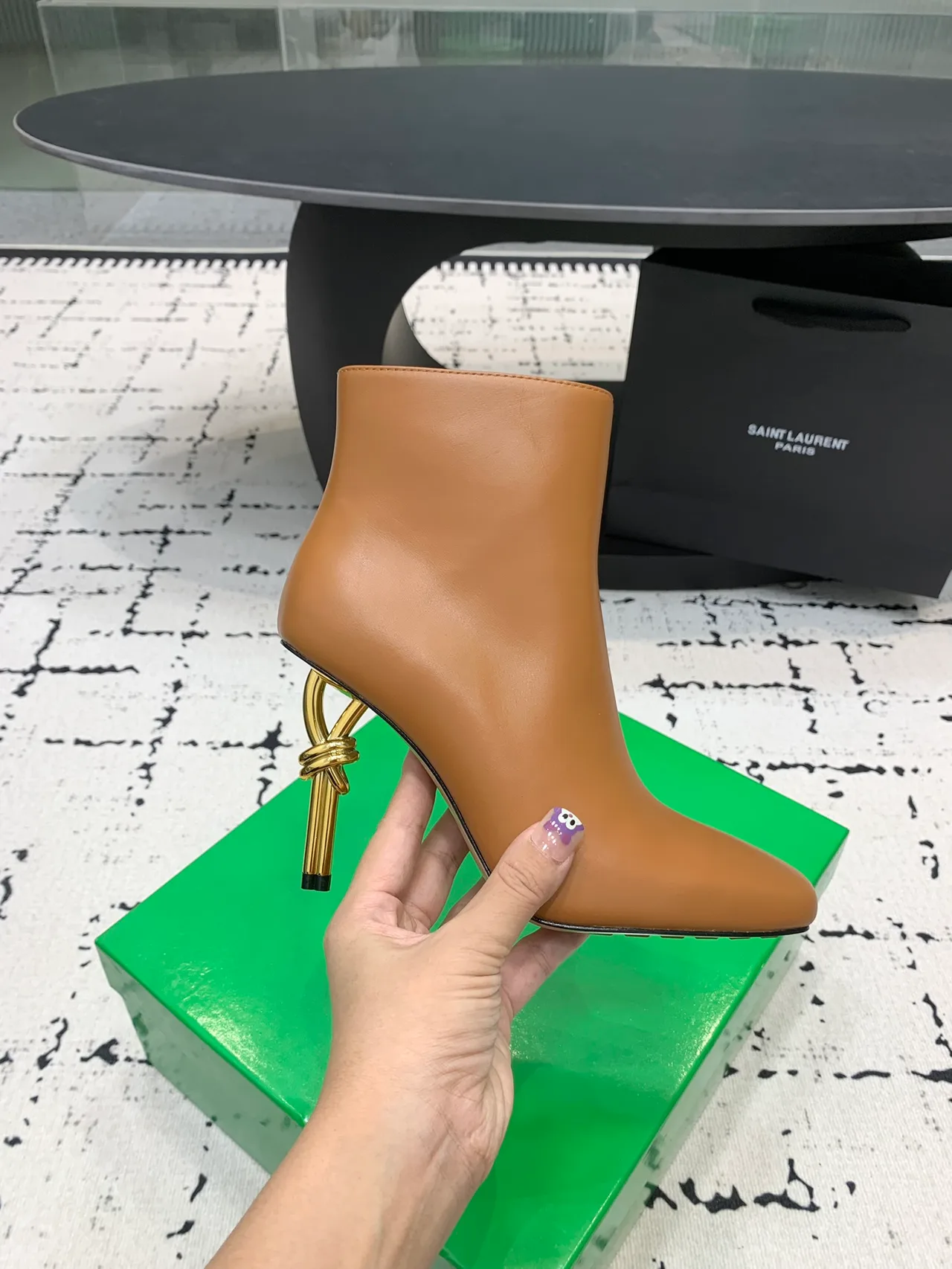 Calfskin Smooth Sculptural-Heel Ankle Boots in Brown · view 5