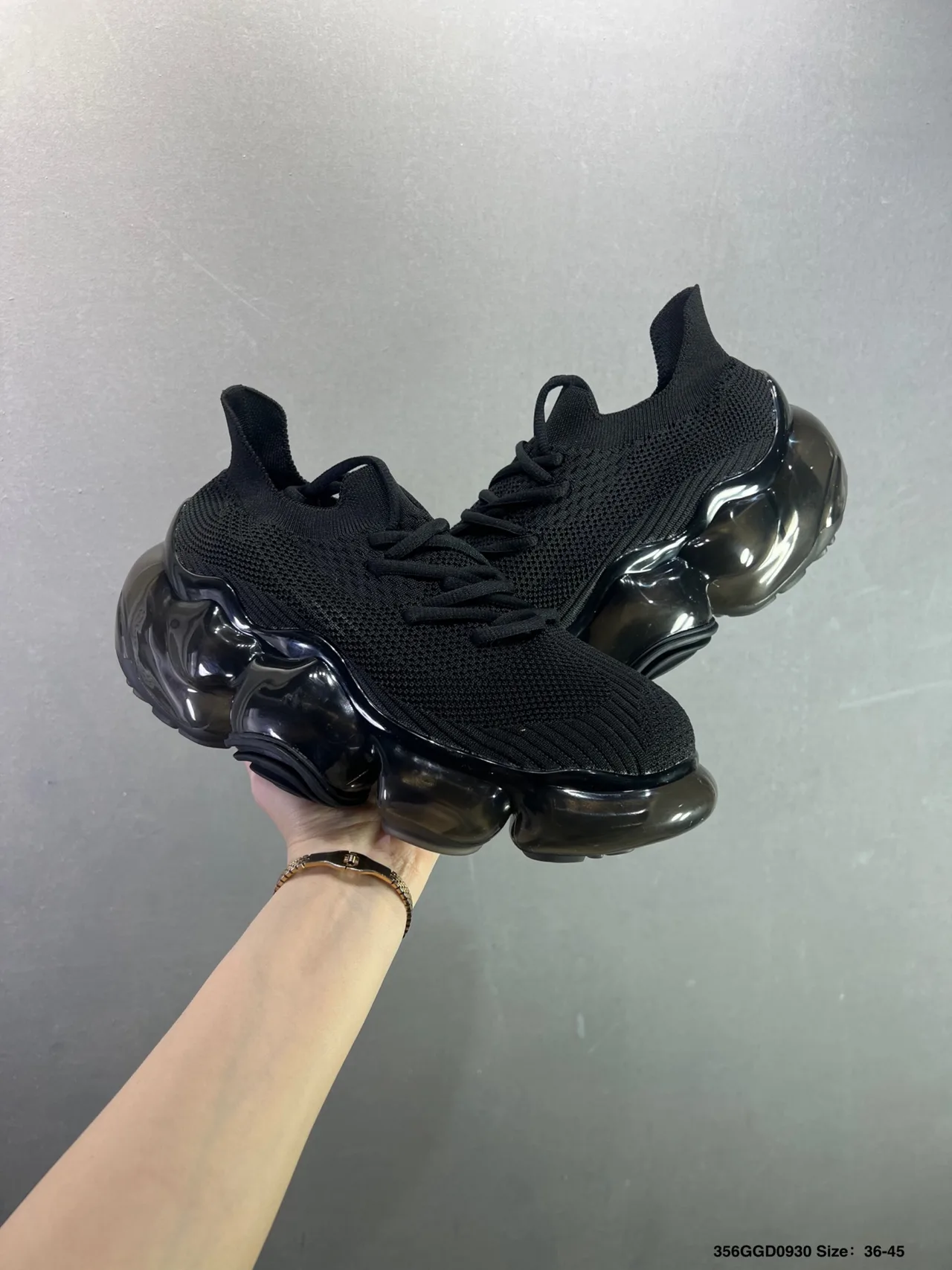 Glossy Air-Sole Knit Sneakers in Black · view 6