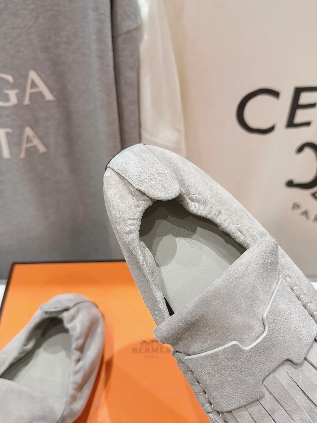 Hermes Suede-Look Round-Toe Loafers in Grey · view 7