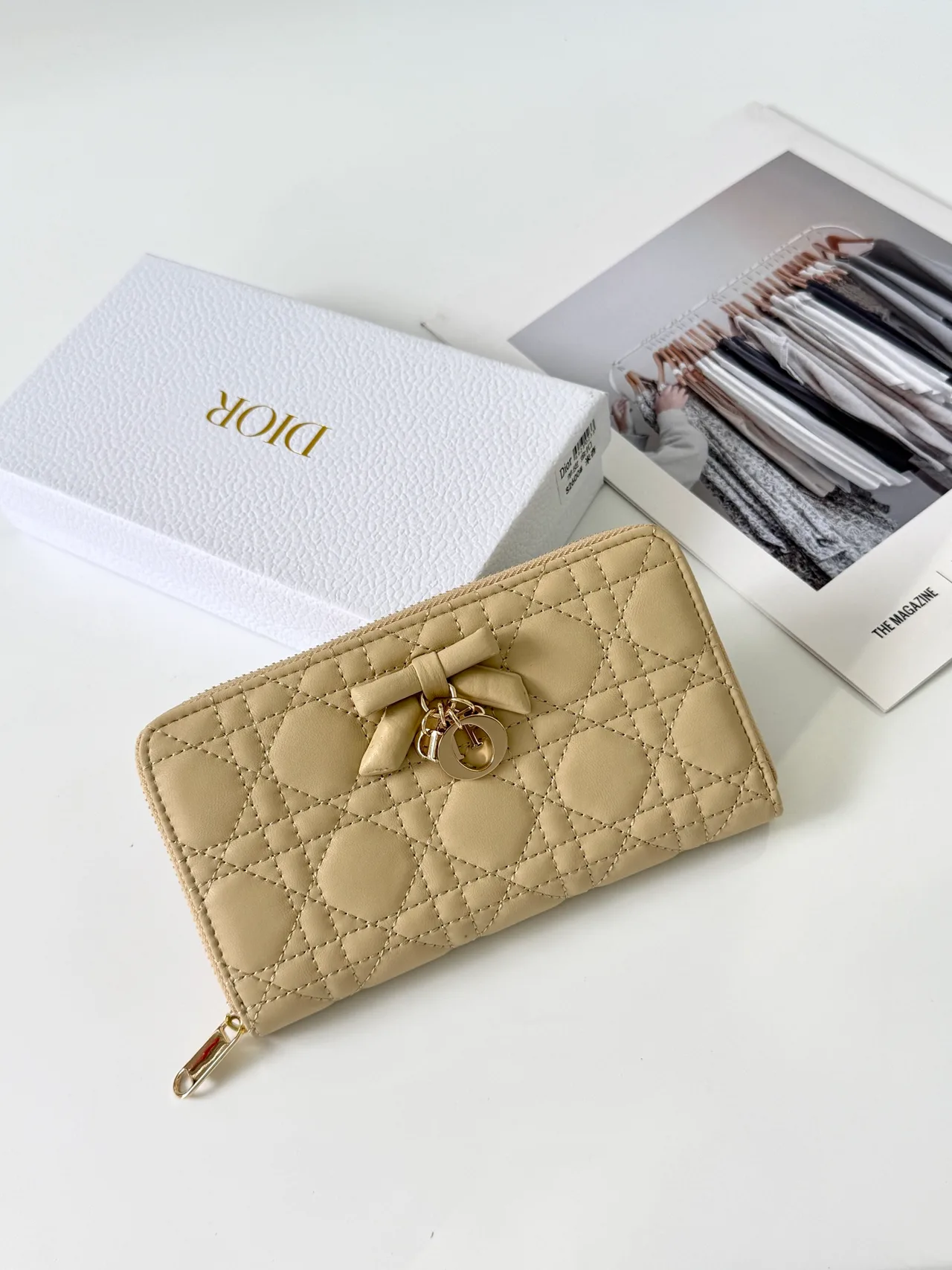Dior Lambskin Quilted Lady Dior Zip Wallet in Beige · view 1