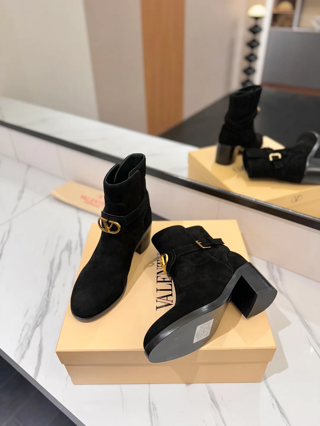 Valentino Calfskin Suede-Look Round-Toe Ankle Boots in Black · view 4