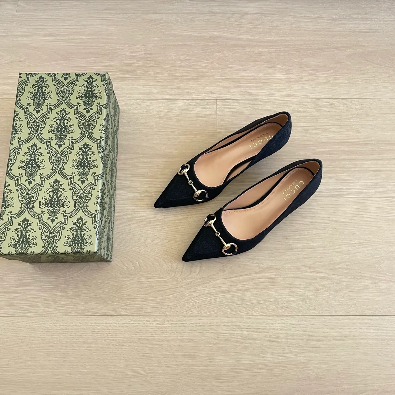 Gucci Canvas Pointed-Toe Buckle Horsebit Kitten Heel Pumps in Black · view 2