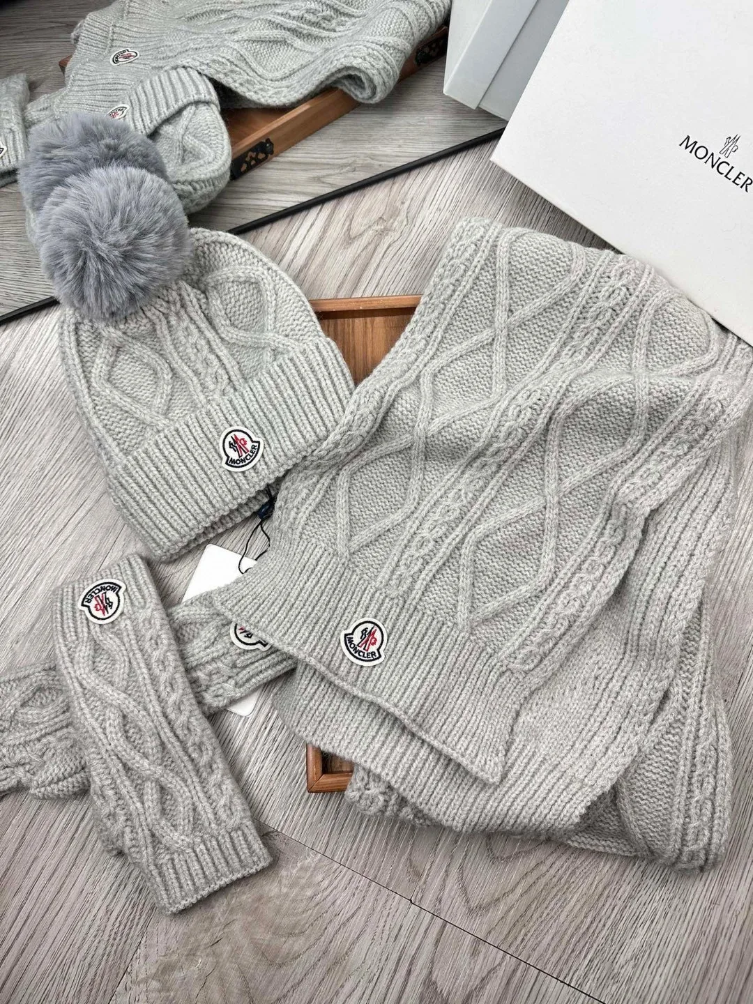 Moncler Wool Hat Scarf and Gloves Set in Grey · view 3