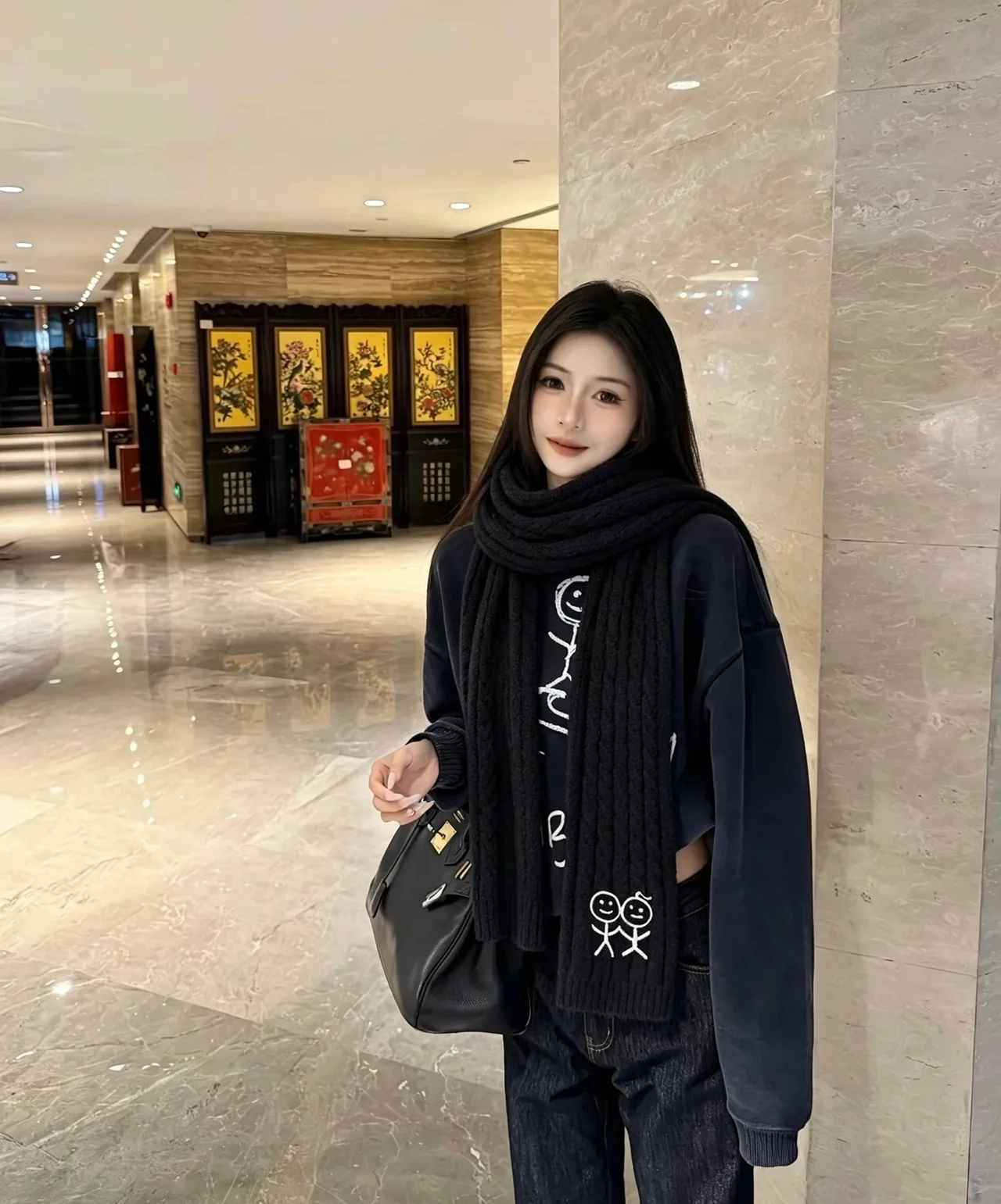 Embroidered Stick-Figure Ribbed Scarf in Black · view 6
