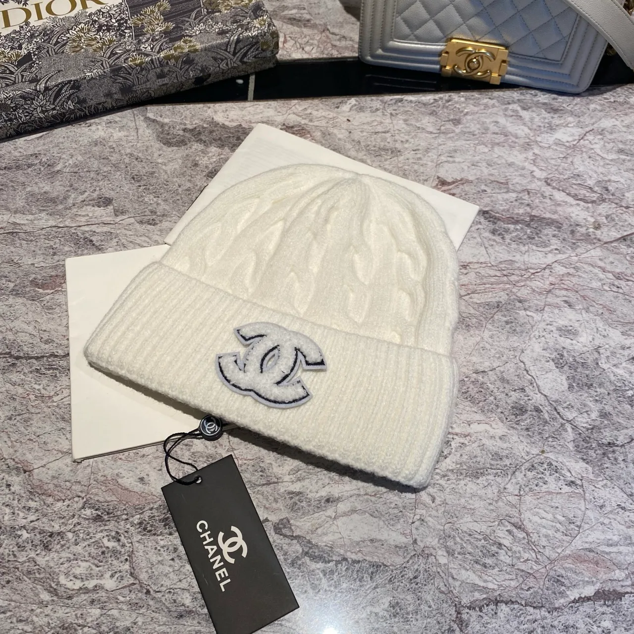 Chanel CC Cable-Knit Beanie in Brown / White / Grey / Pink / Black / Blue / Red · view 2