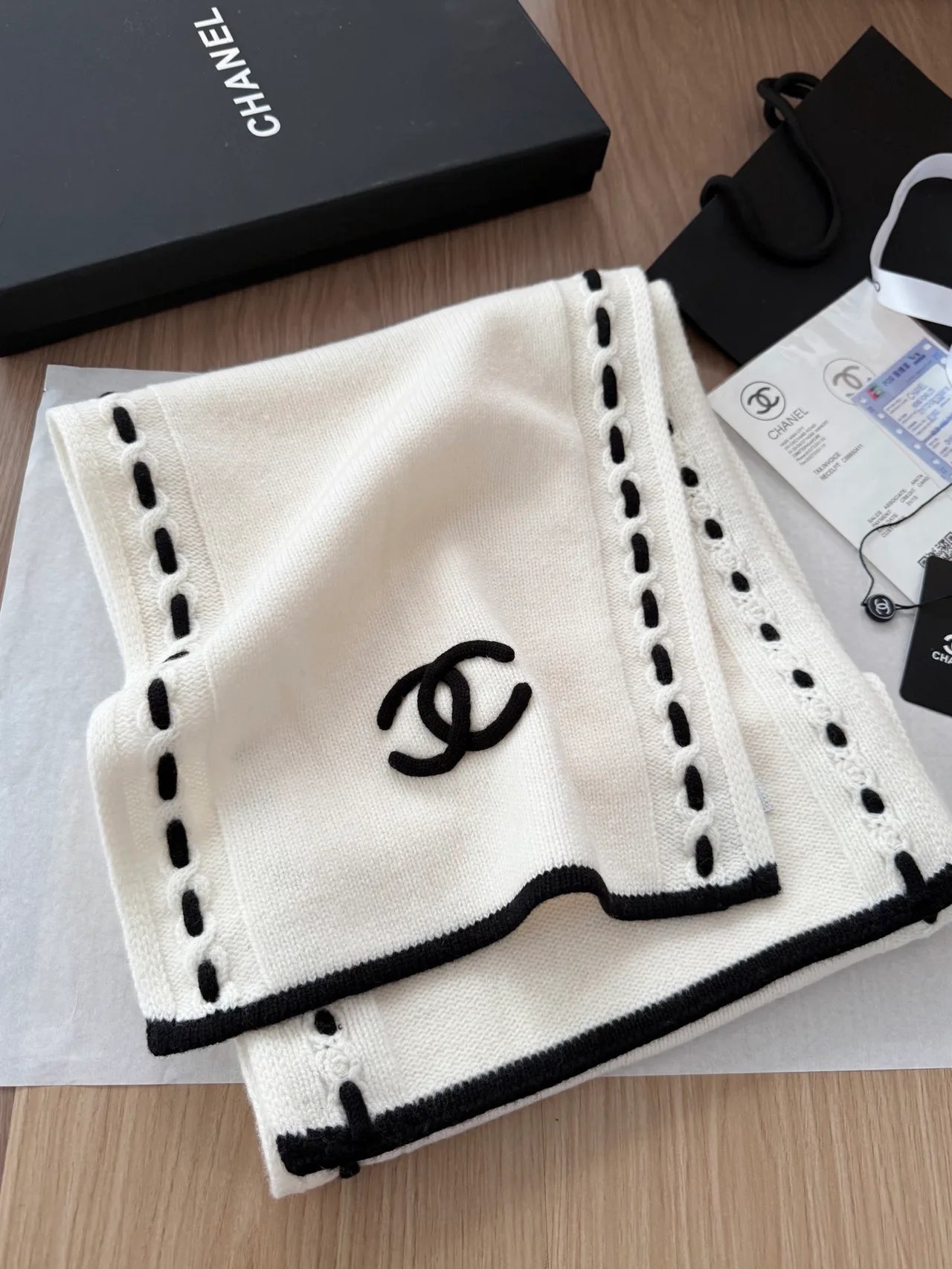 Chanel Cashmere CC Knit Scarf in Cream · view 1