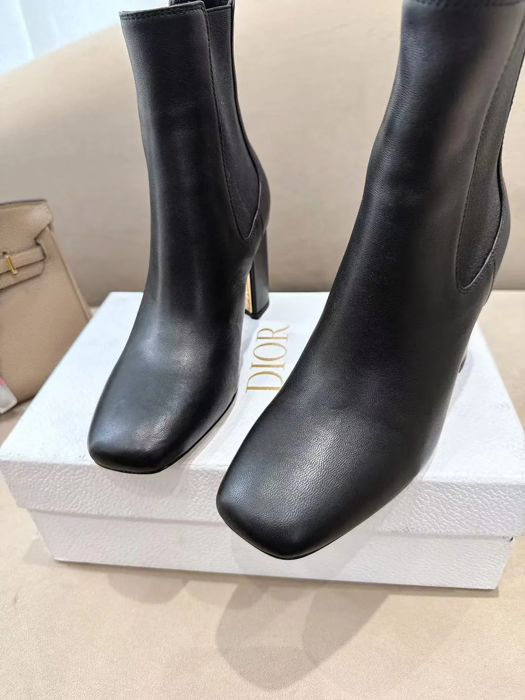 Dior Glossy Square-Toe Ankle Boots in Black · view 5