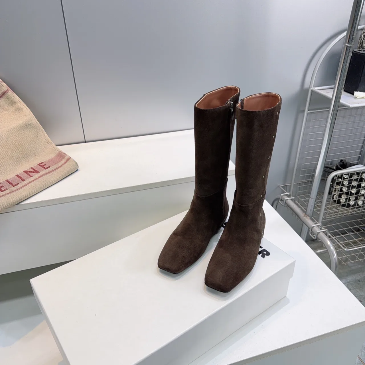 Celine Suede-Look Square-Toe Ankle Boots in Brown · view 6