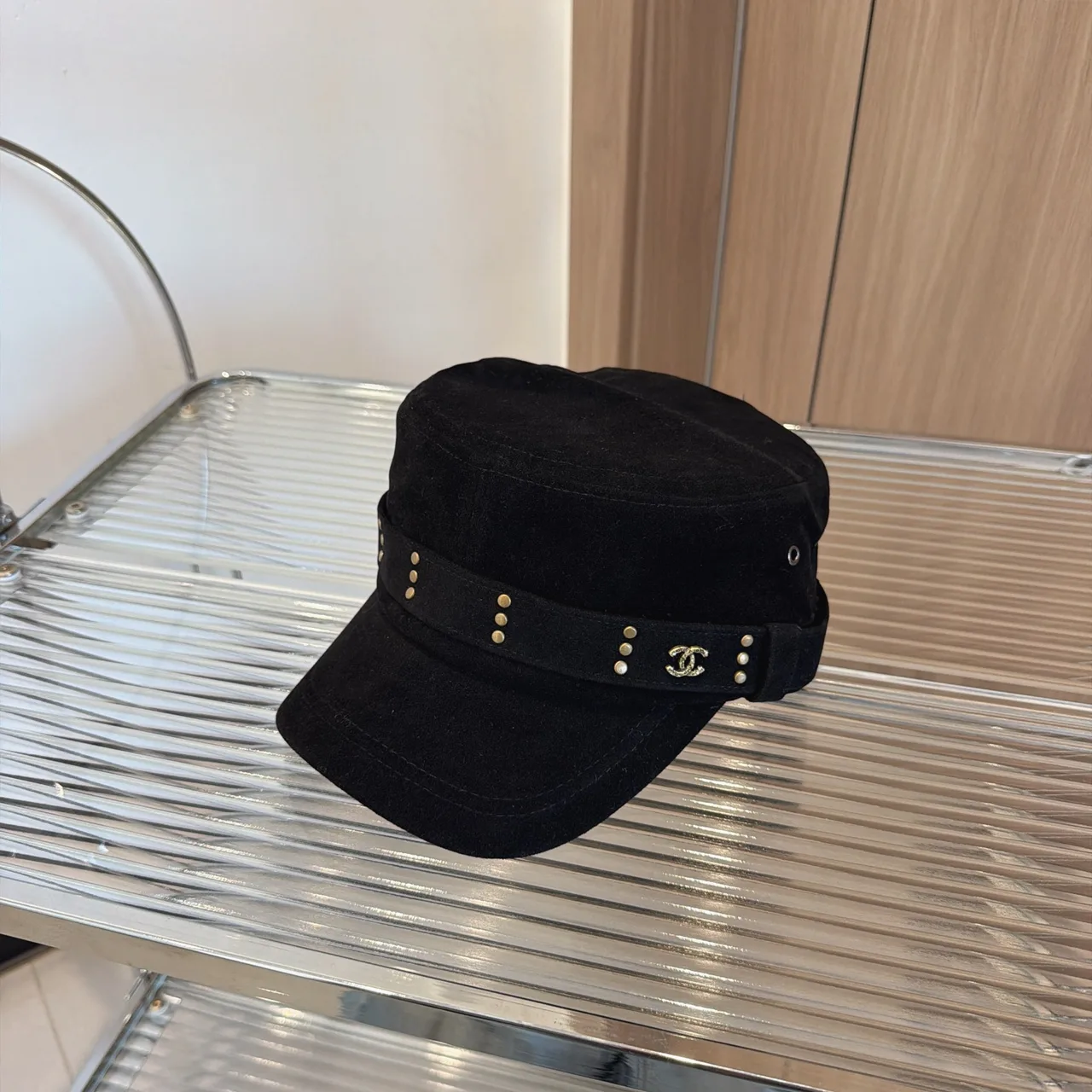 Chanel Flat-top logo-trim cap in Black & Brown · view 1