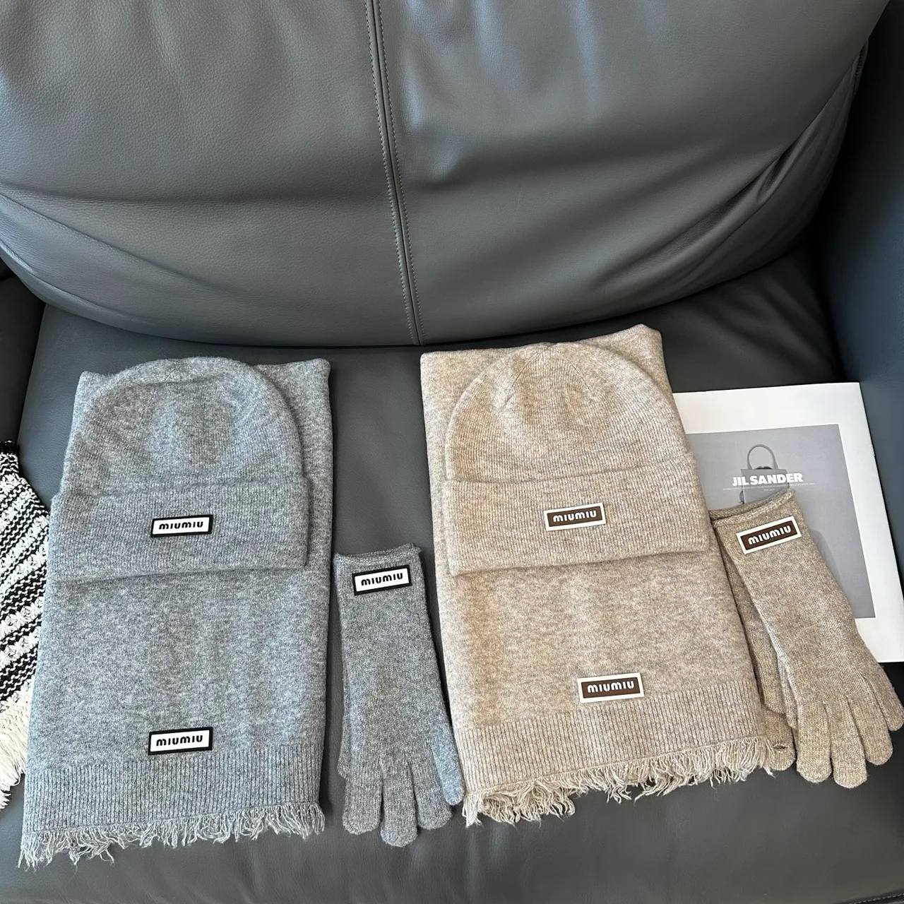 Miu Miu Hat Scarf and Gloves Set in White & Black & Grey & Beige · view 7