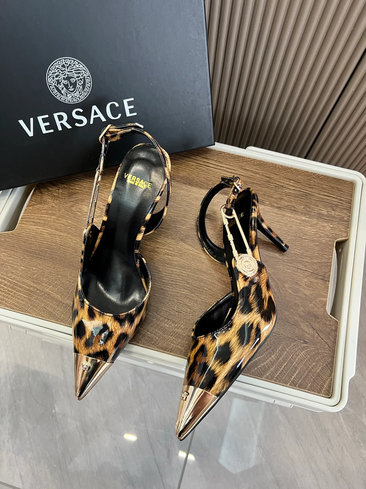 Versace Pointed-Toe Leopard-Print Slingback Pumps in Brown · view 2